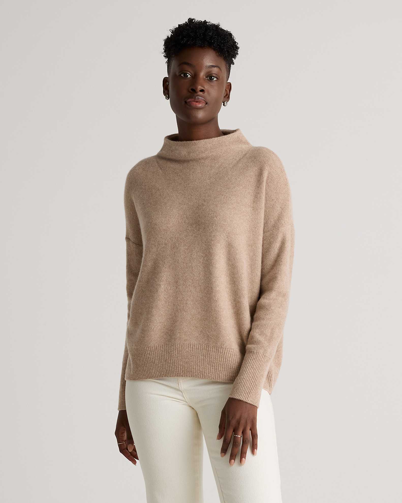 Quince Mongolian Cashmere Funnel Neck Sweater in Oatmeal