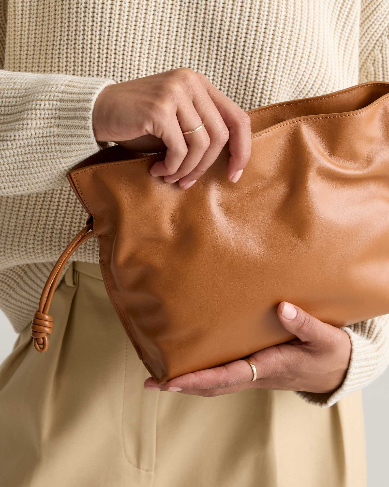 Italian Leather Drawstring Pouch Crossbody in Cognac