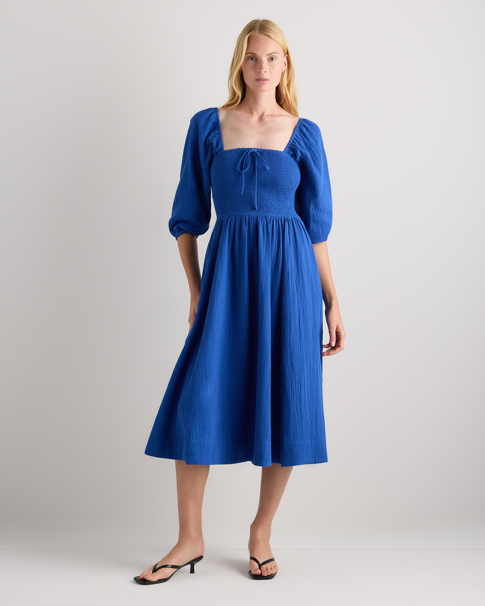 Orchid Blue 100% Organic Cotton Gauze Smocked Square Neck Midi Dress