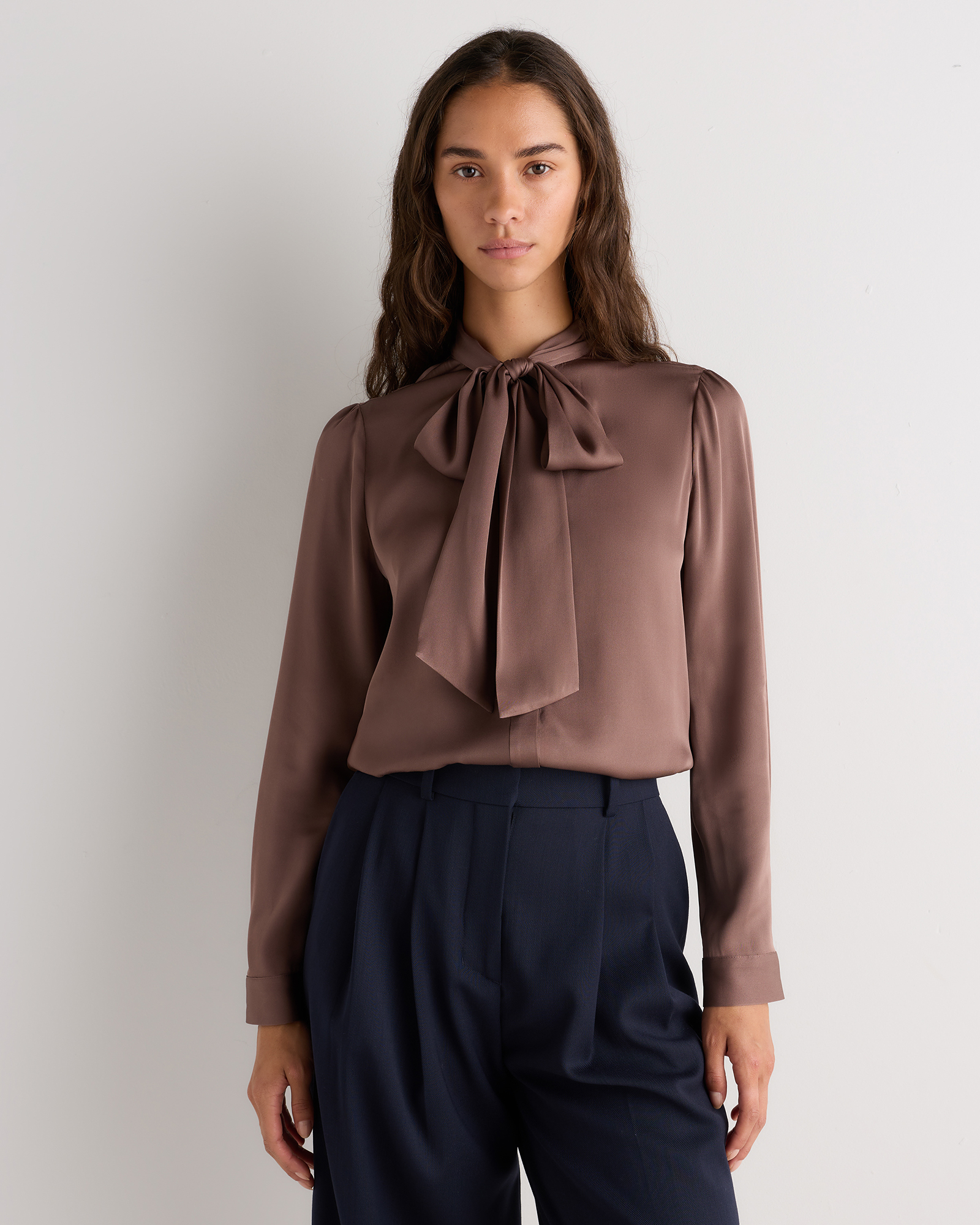Mink Taupe Washable Stretch Silk Tie Neck Blouse 
