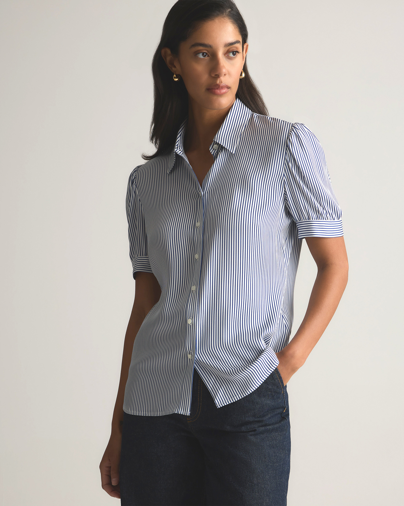 Evie Stripe Washable Stretch Silk Puff Sleeve Blouse