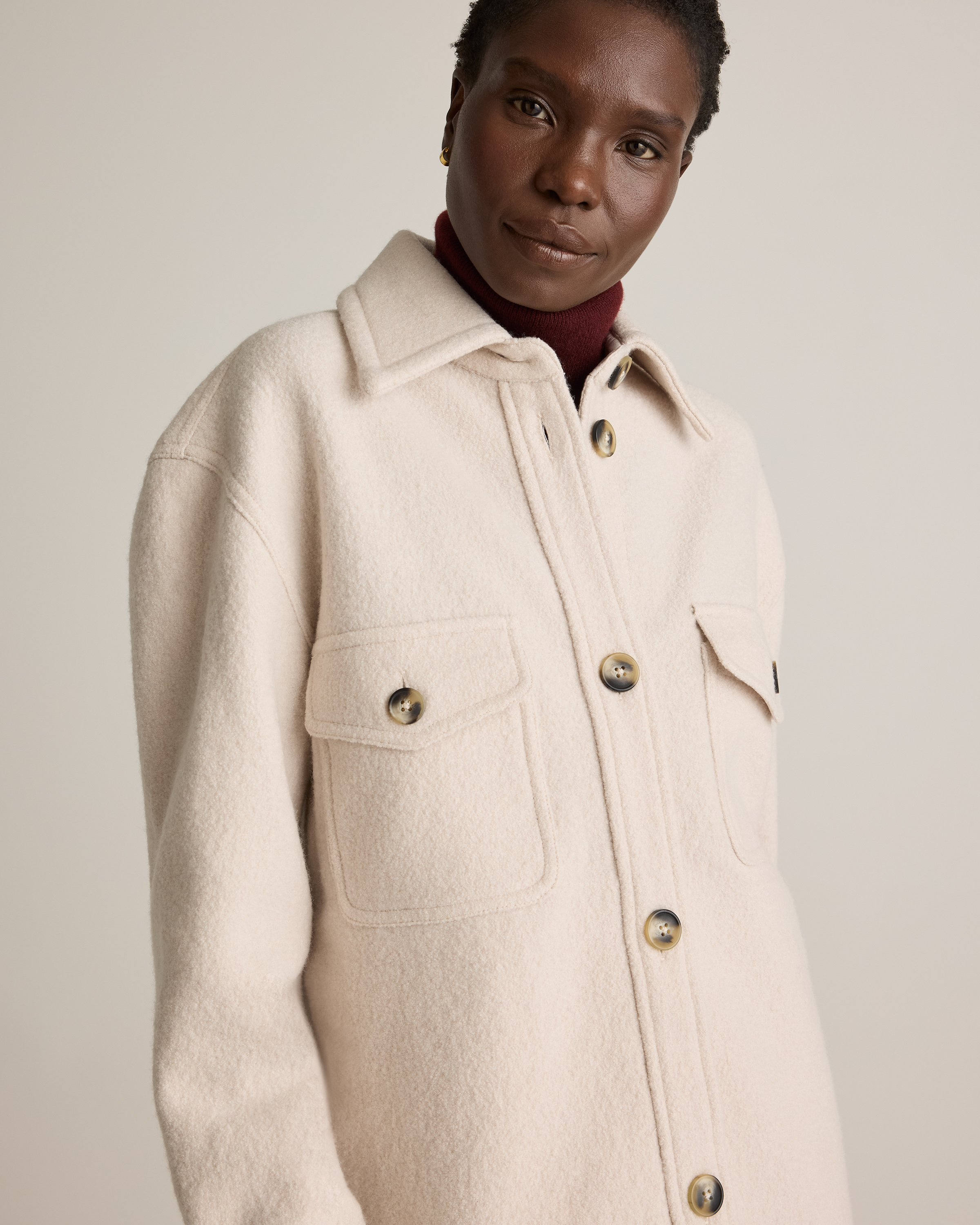 100% Merino Wool Long Shirt Jacket in Heather Bone