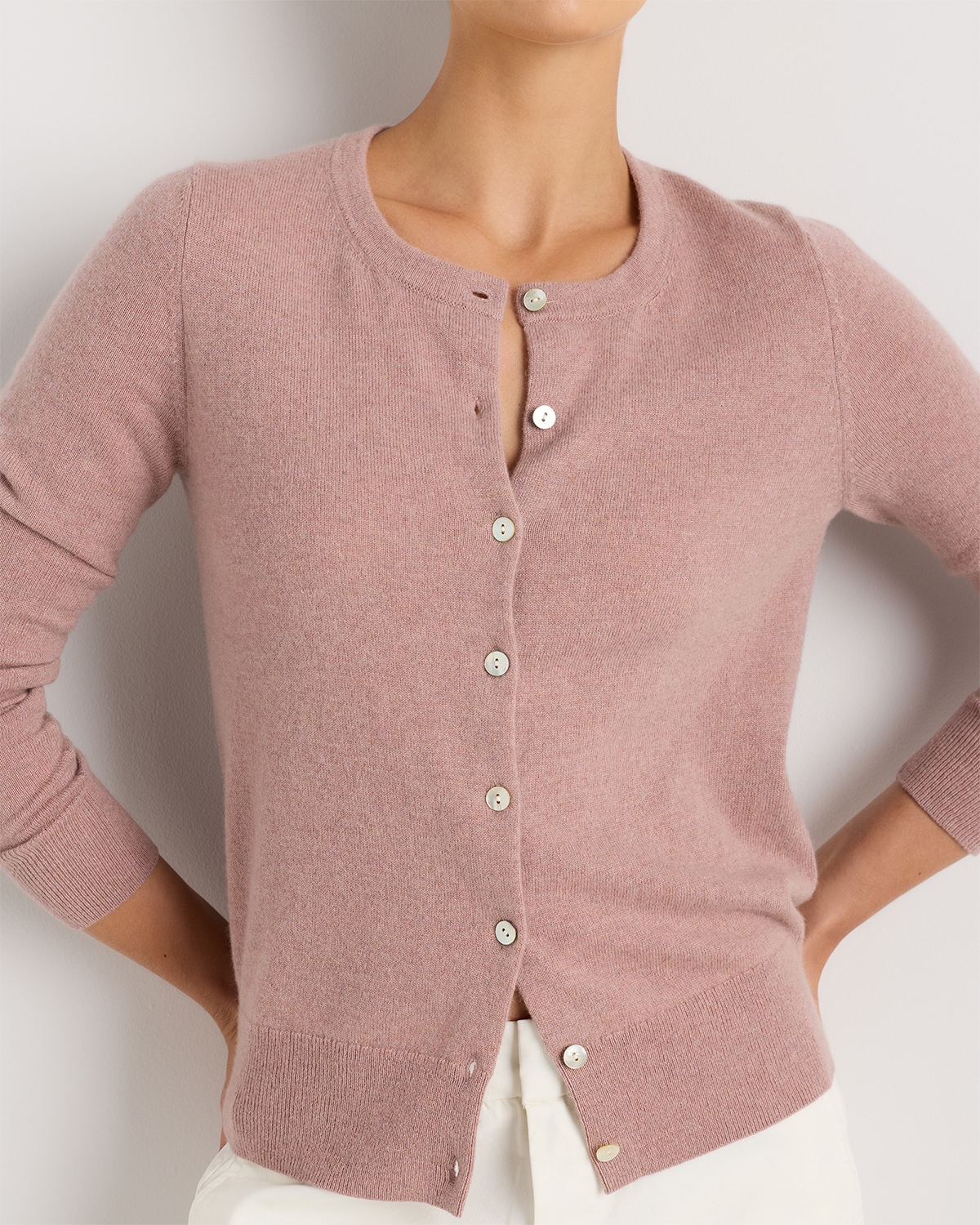 Mongolian Cashmere Cardigan Sweater in Heather Vintage Pink
