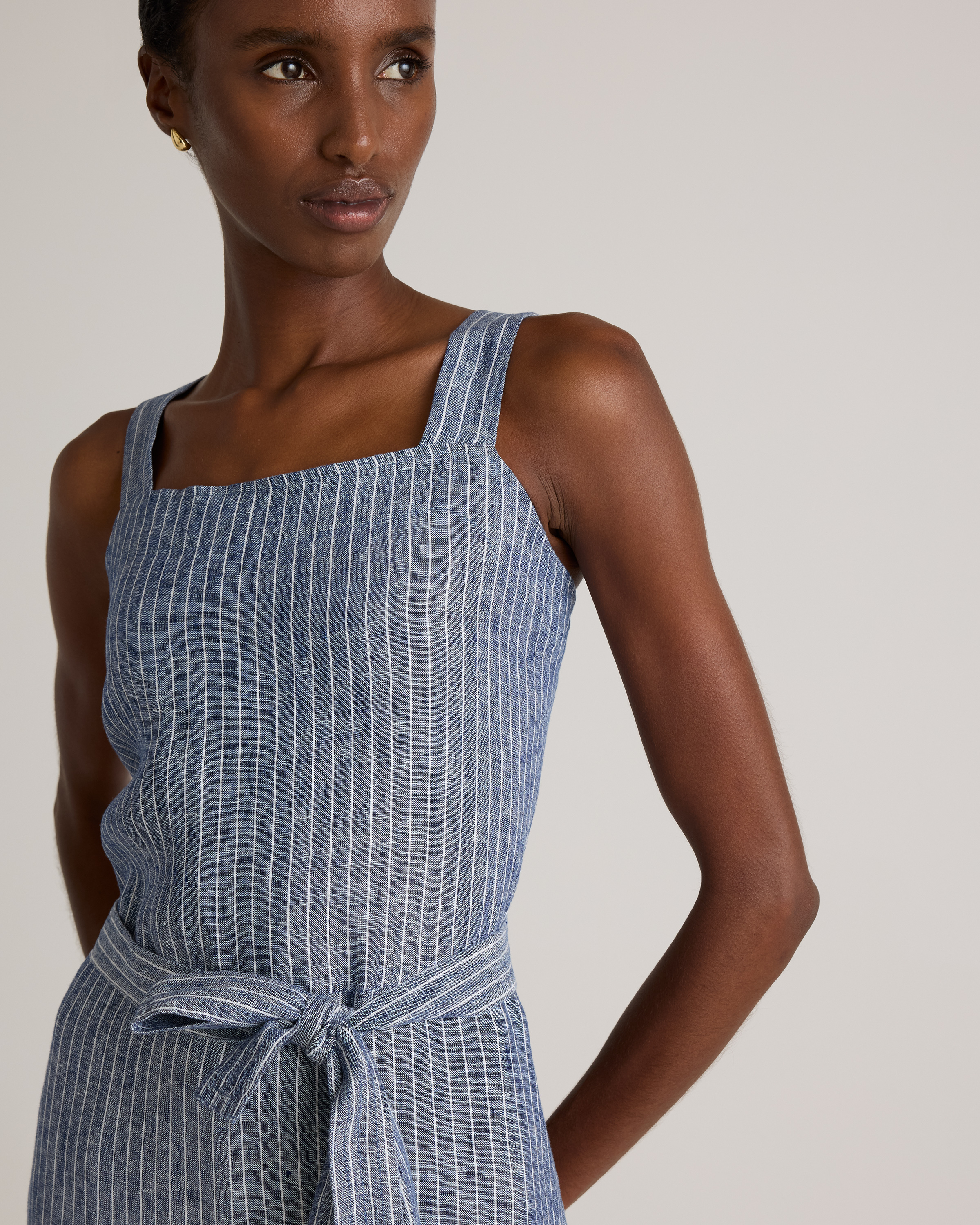 100% European Linen Square Neck Jumpsuit in Chambray Stripe