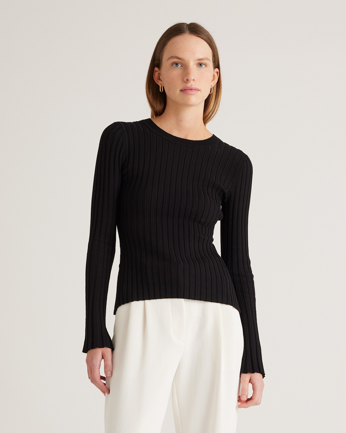Cotton Cashmere Ribbed Long Sleeve Sweater in Black