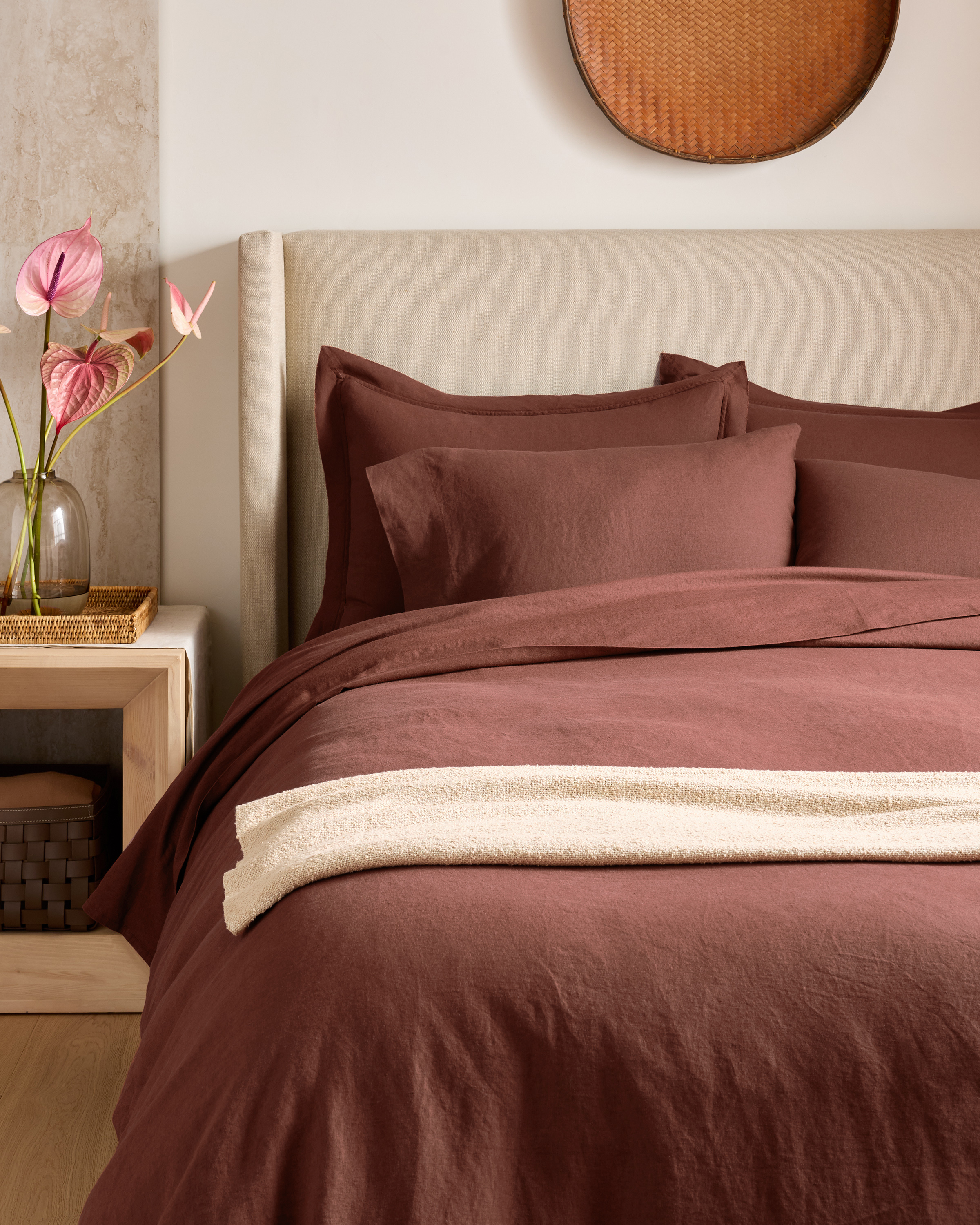 European Linen Double Flange Duvet Cover Set in Bordeaux
