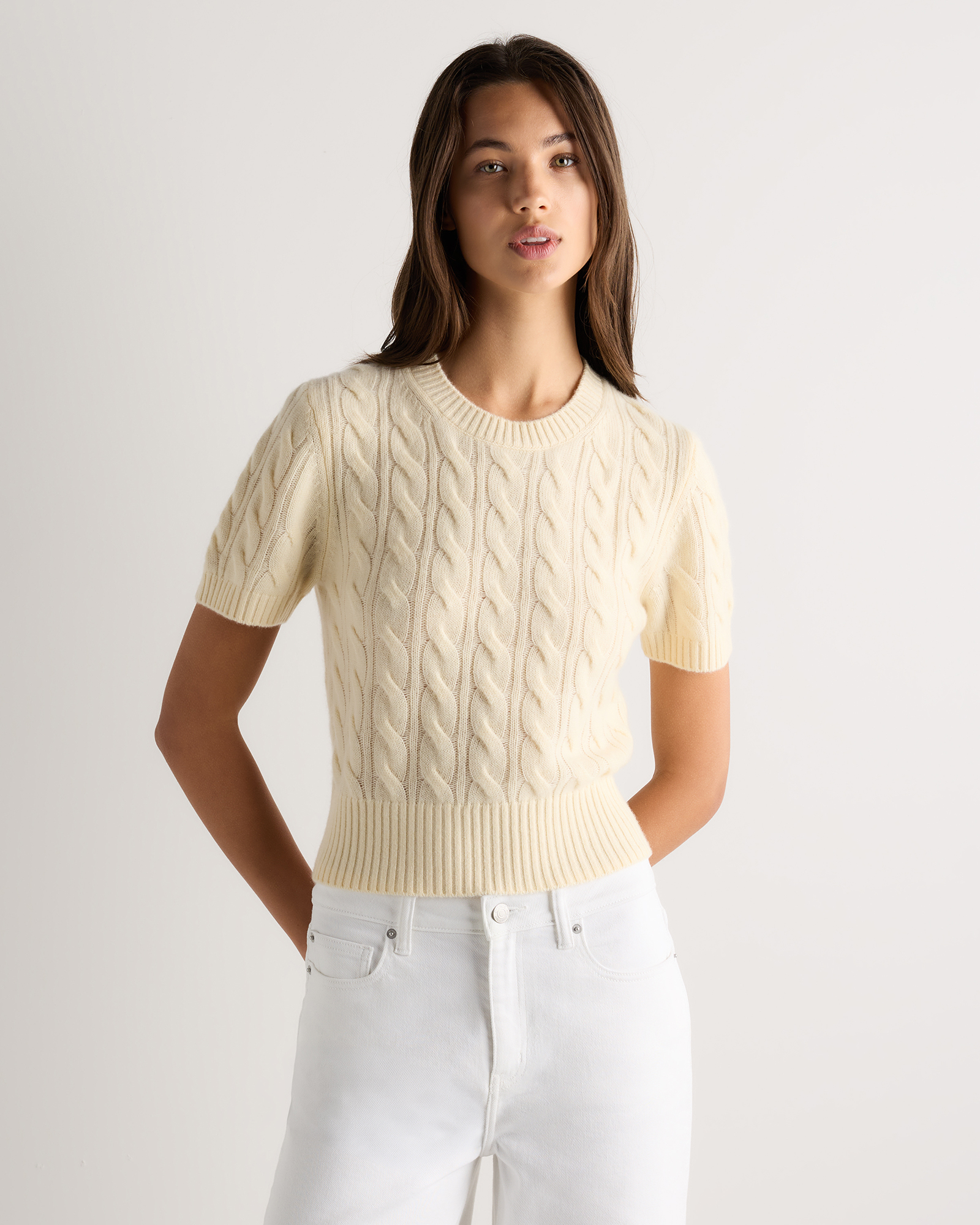 Pale Custard Yellow Mongolian Cashmere Shrunken Cable Tee