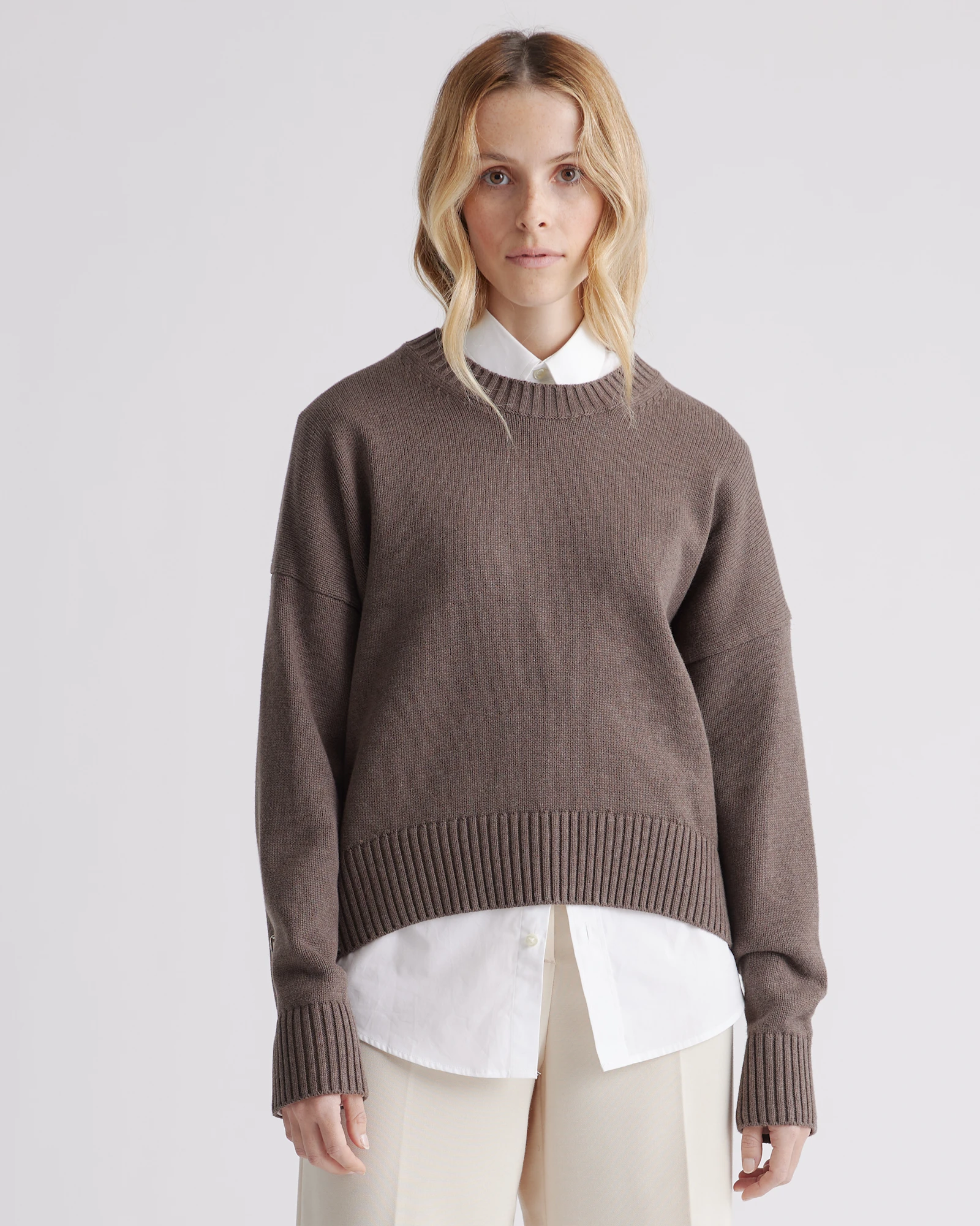 Quince 100% Organic Cotton Boyfriend Crew Sweater in Heather Brown