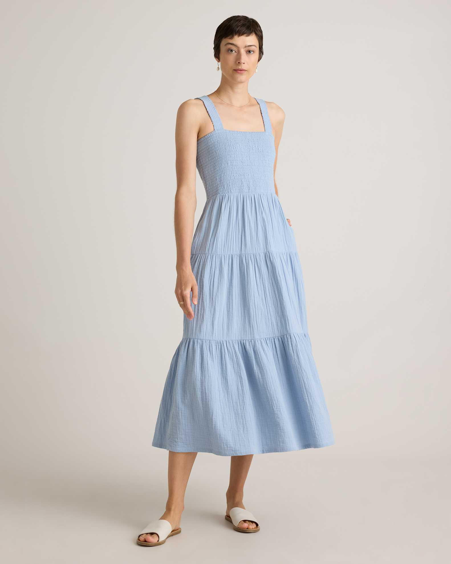 100% Organic Cotton Gauze Smocked Sleeveless Maxi Dress 100% Organic Cotton Gauze Smocked Sleeveless Maxi Dress