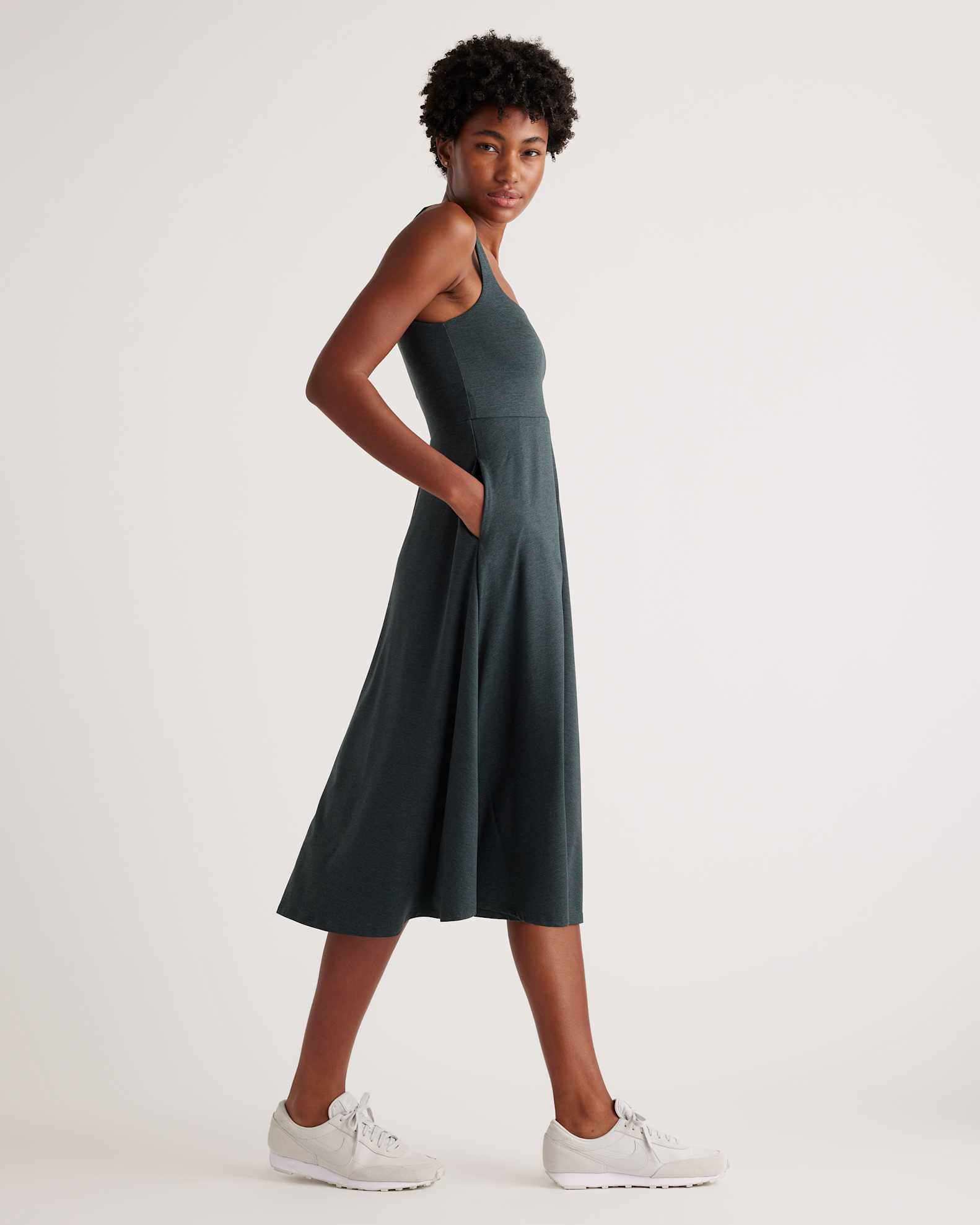 Women's Flowknit Breeze Fit & Flare Dress in Heather Green, Size XS, 100% Polyester by Quince Women's Flowknit Breeze Fit & Flare Dress in Heather Green, Size XS, 100% Polyester by Quince