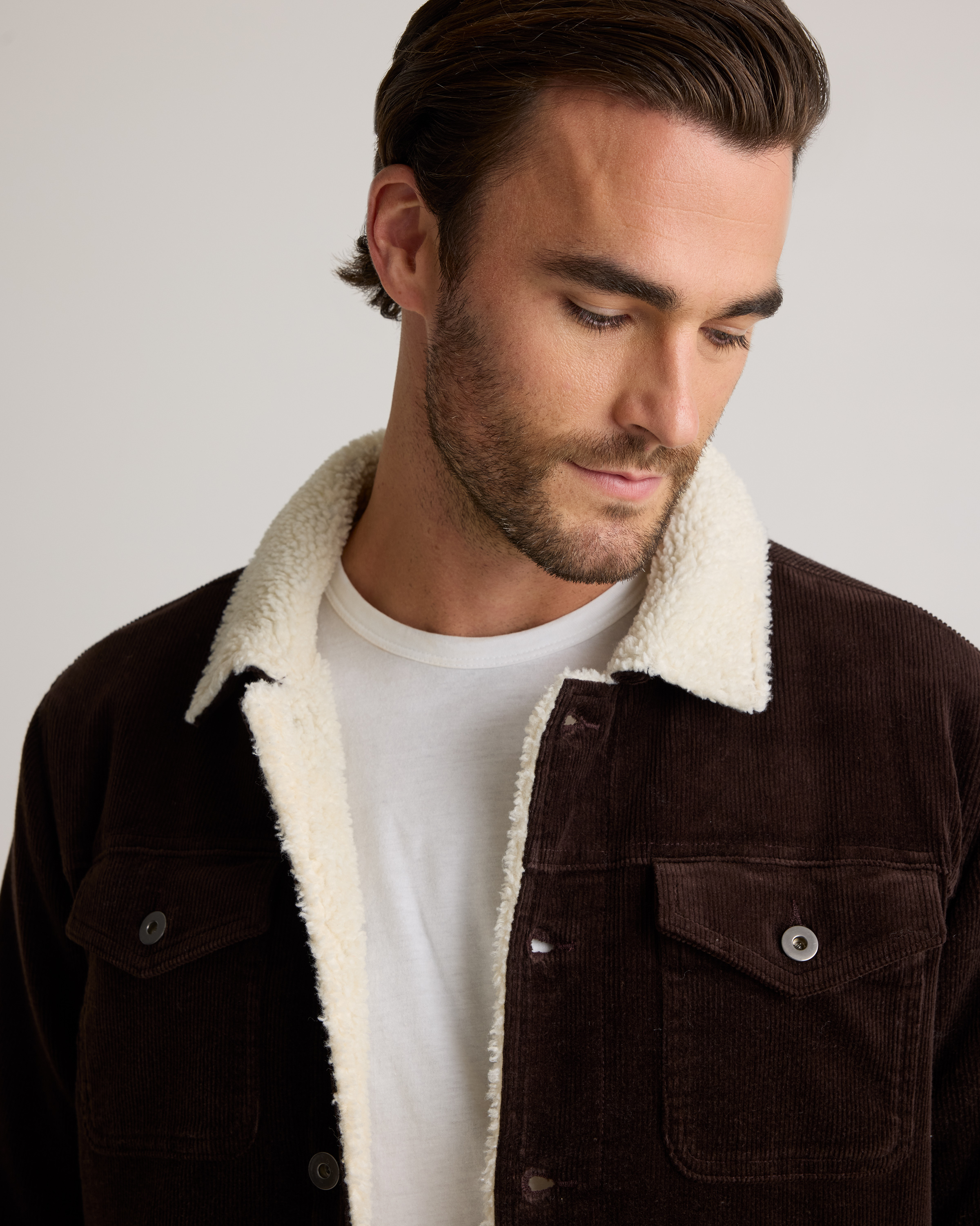 Organic Stretch Corduroy Sherpa-Lined Trucker Jacket in Espresso
