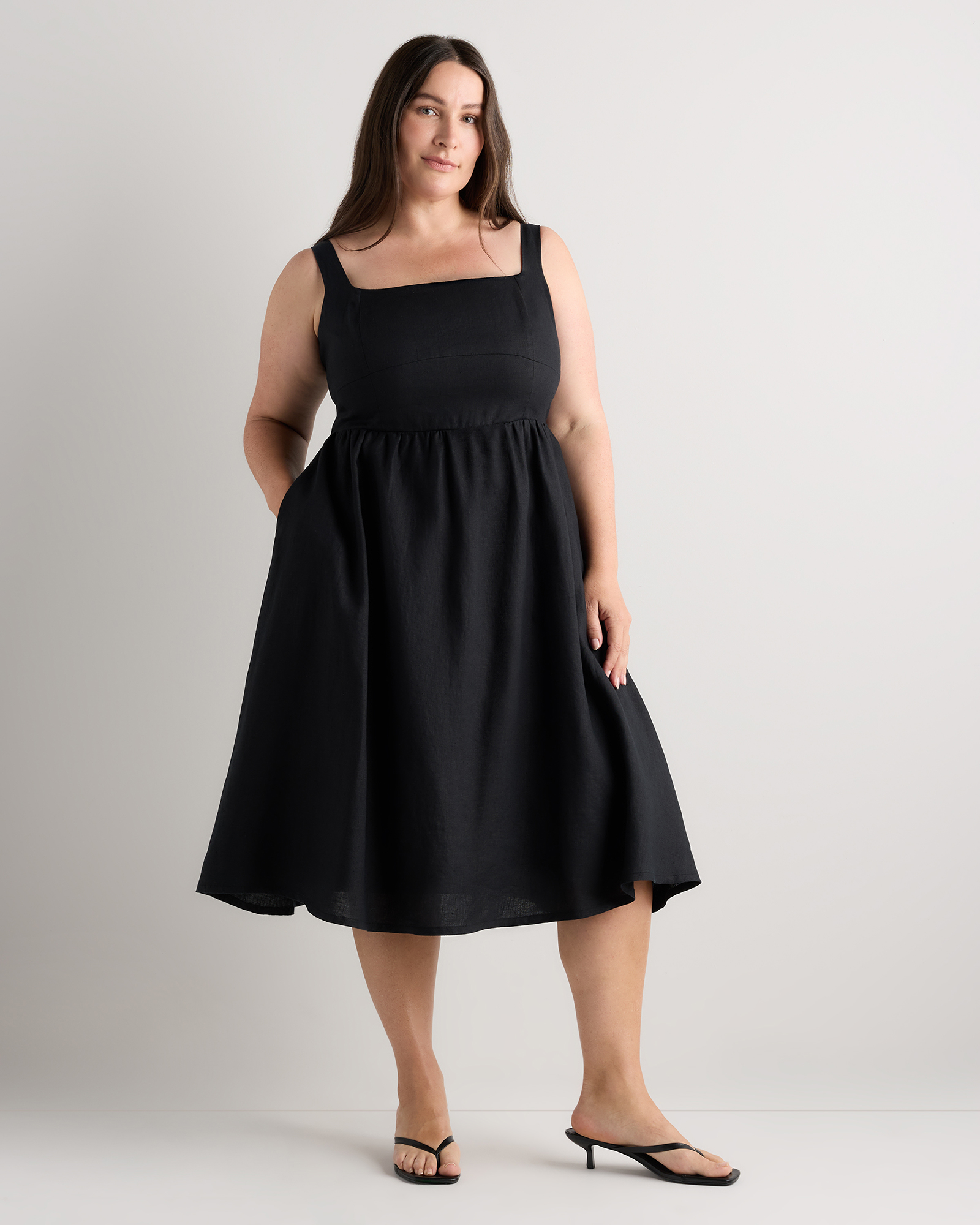 Black 100% European Linen Fit & Flare Midi Dress
