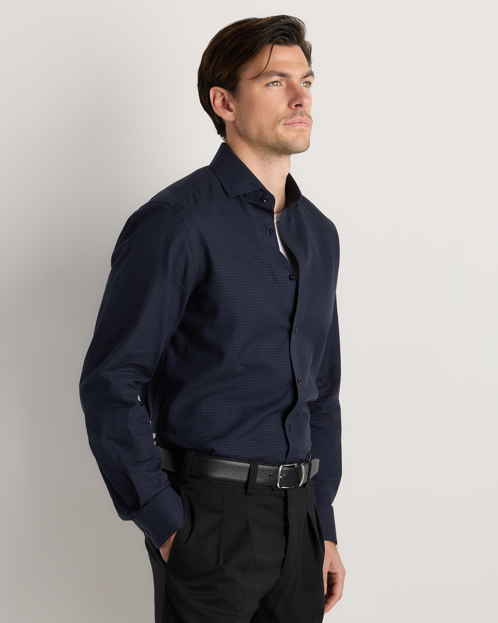 black and blue dress shirt Men's Cashmere in Black/Navy Minigrid, Size Small, Organic Cotton by Quince Kohl dress – Line img_purple Size:Small (S) Made of a polyester