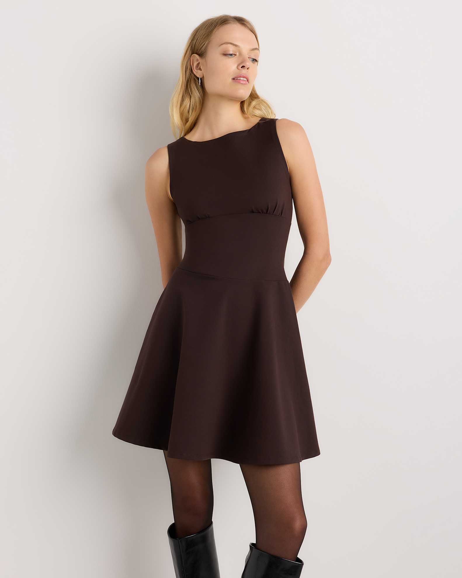 Organic Stretch Jersey Drop Waist Mini Dress in Espresso Organic Stretch Jersey Drop Waist Mini Dress in Espresso