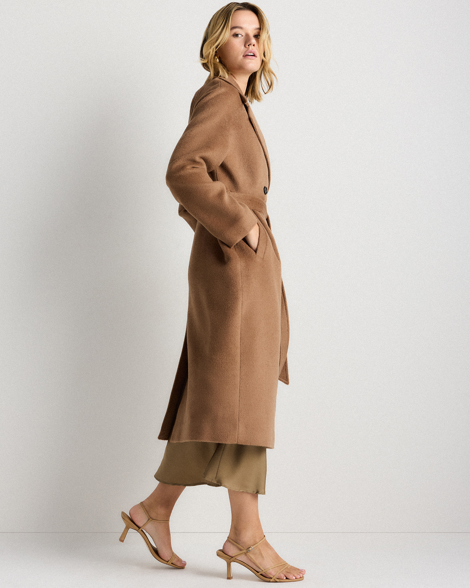 Camel Hair Double-Breasted Long Wrap Coat in Mocha Brown