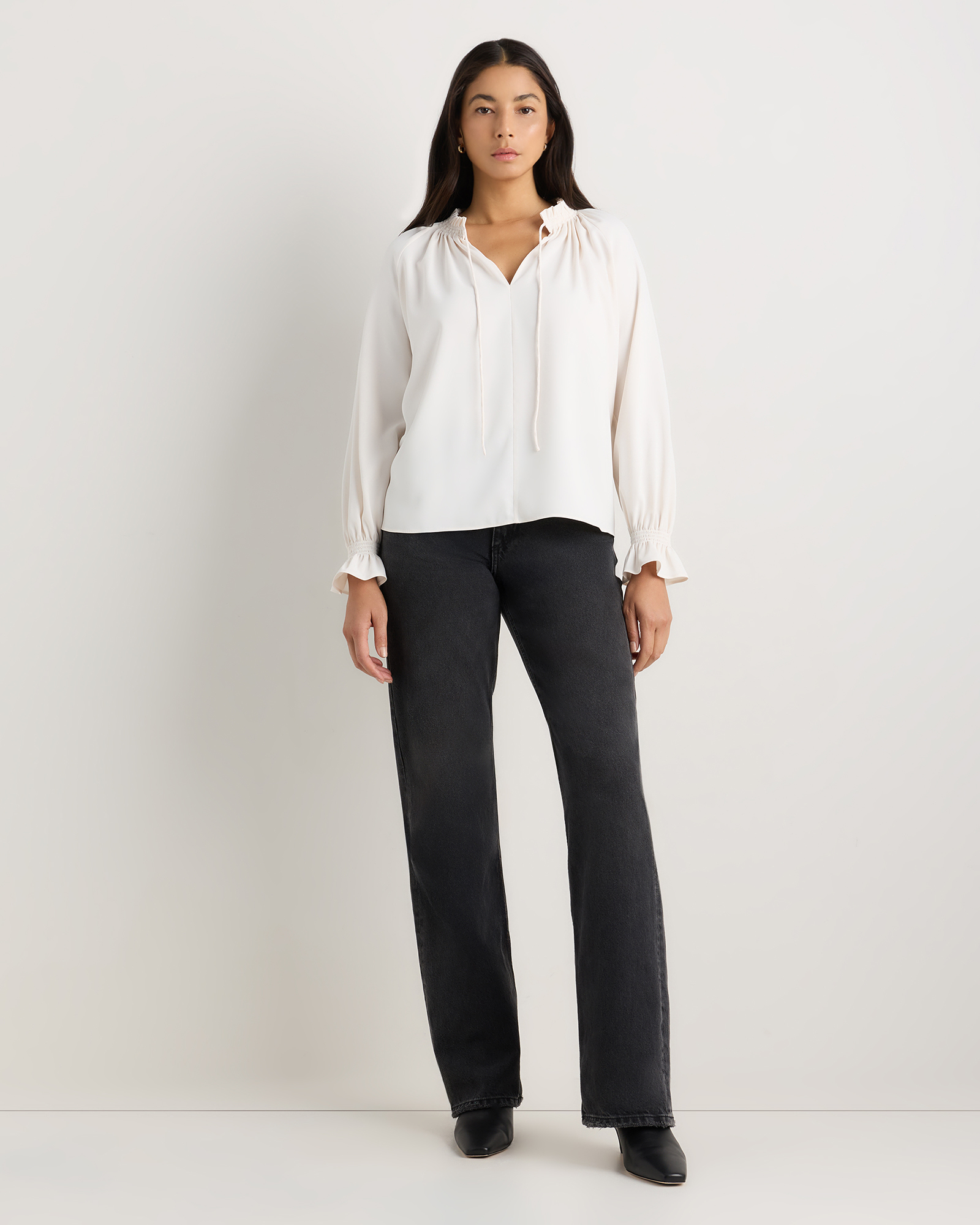 Drapey Chiffon Split Neck Long Sleeve Blouse in Ivory