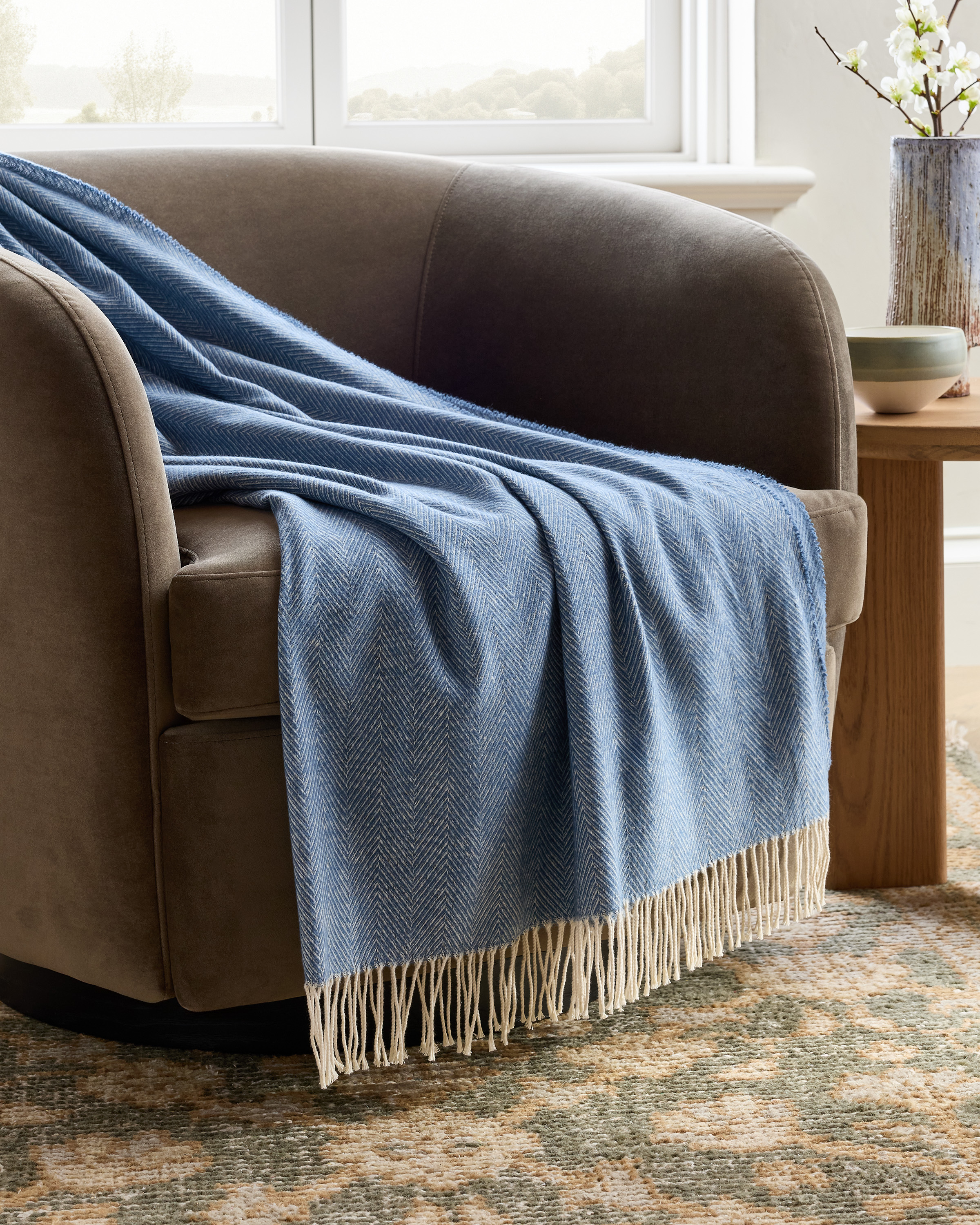 Blue Lightweight Italian Cotton Herringbone Throw
