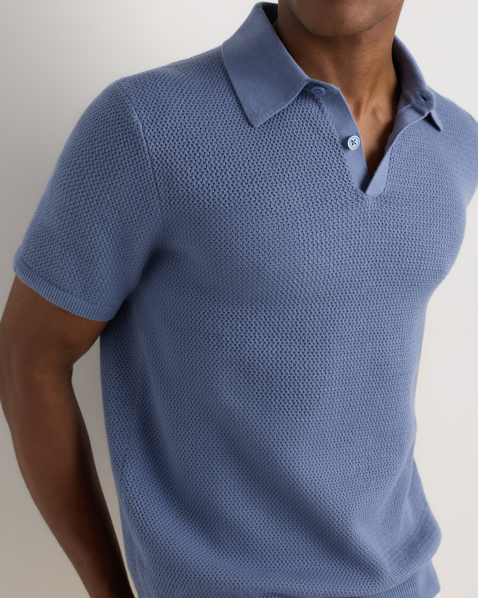 100% Organic Cotton Mesh-Stitch Sweater Polo in Moonstone Blue