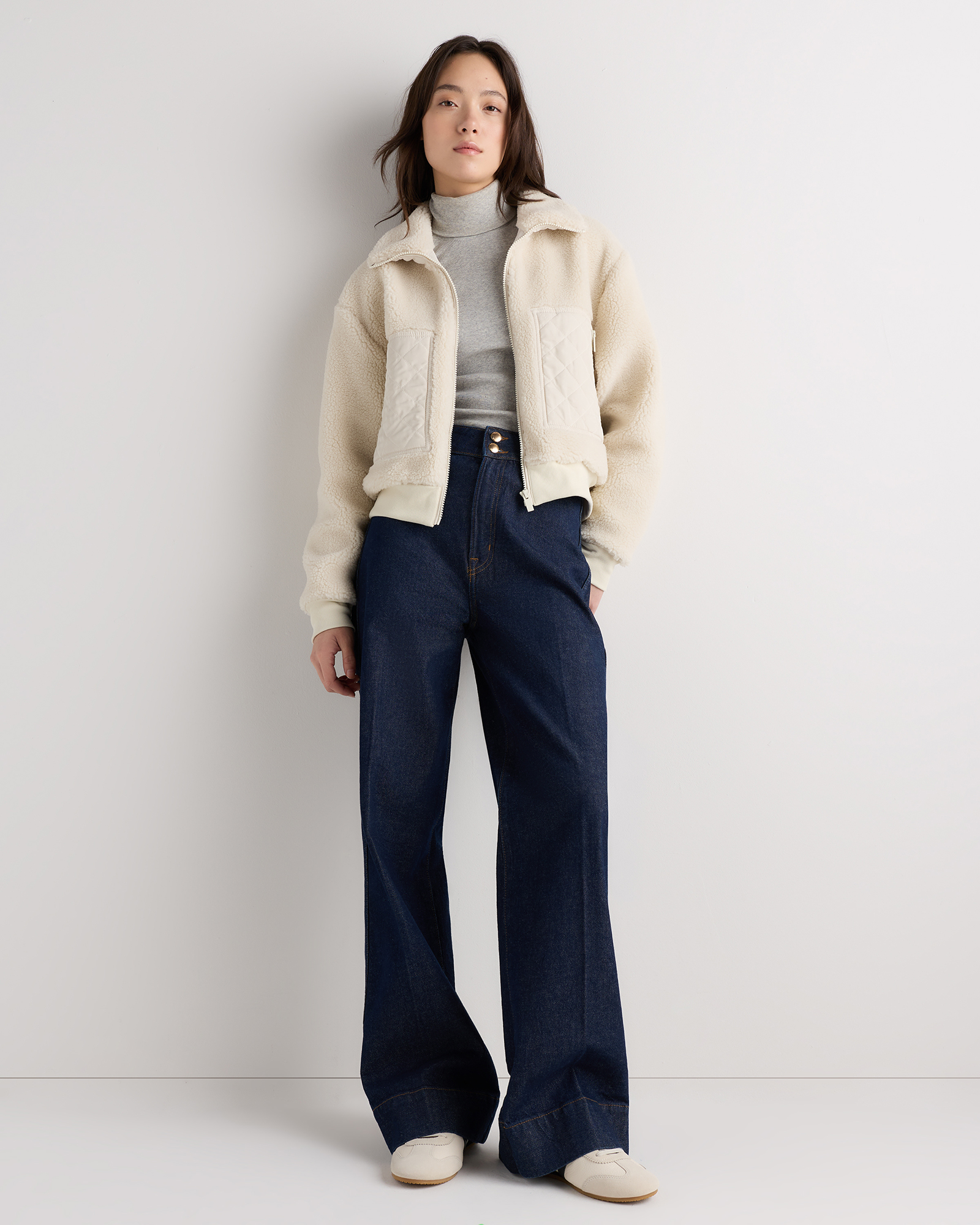 Sherpa Cropped Bomber Jacket in Oat Milk Ivory