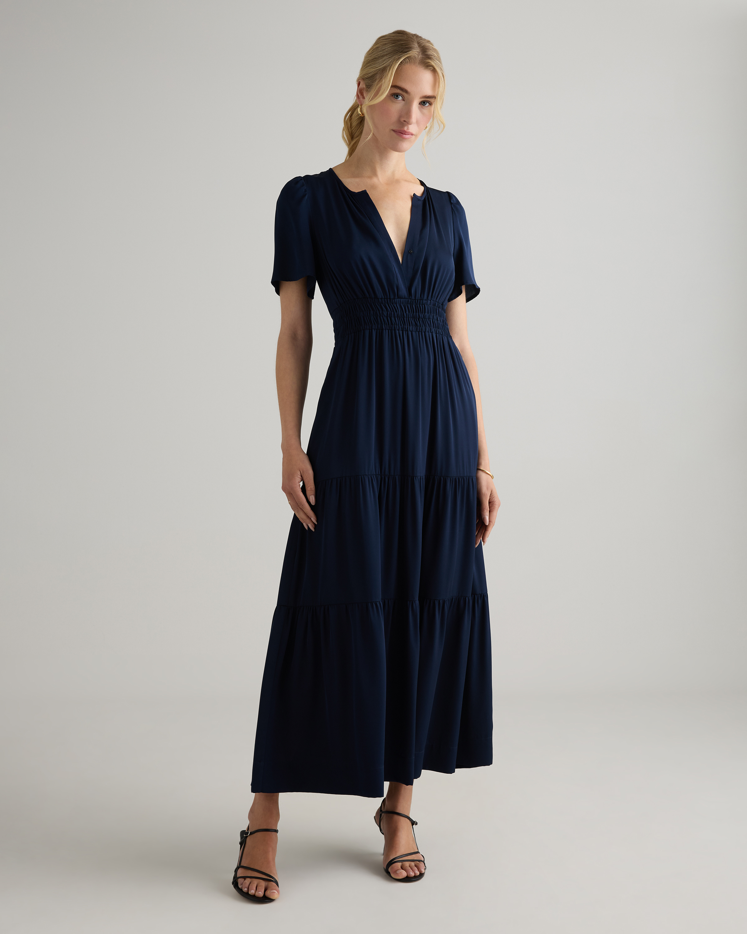 ★WOERA★ Maxi Shirt Dress Navy Blue N1054NAVYBLUE Washable Stretch Silk Maxi Shirt Dress in Navy