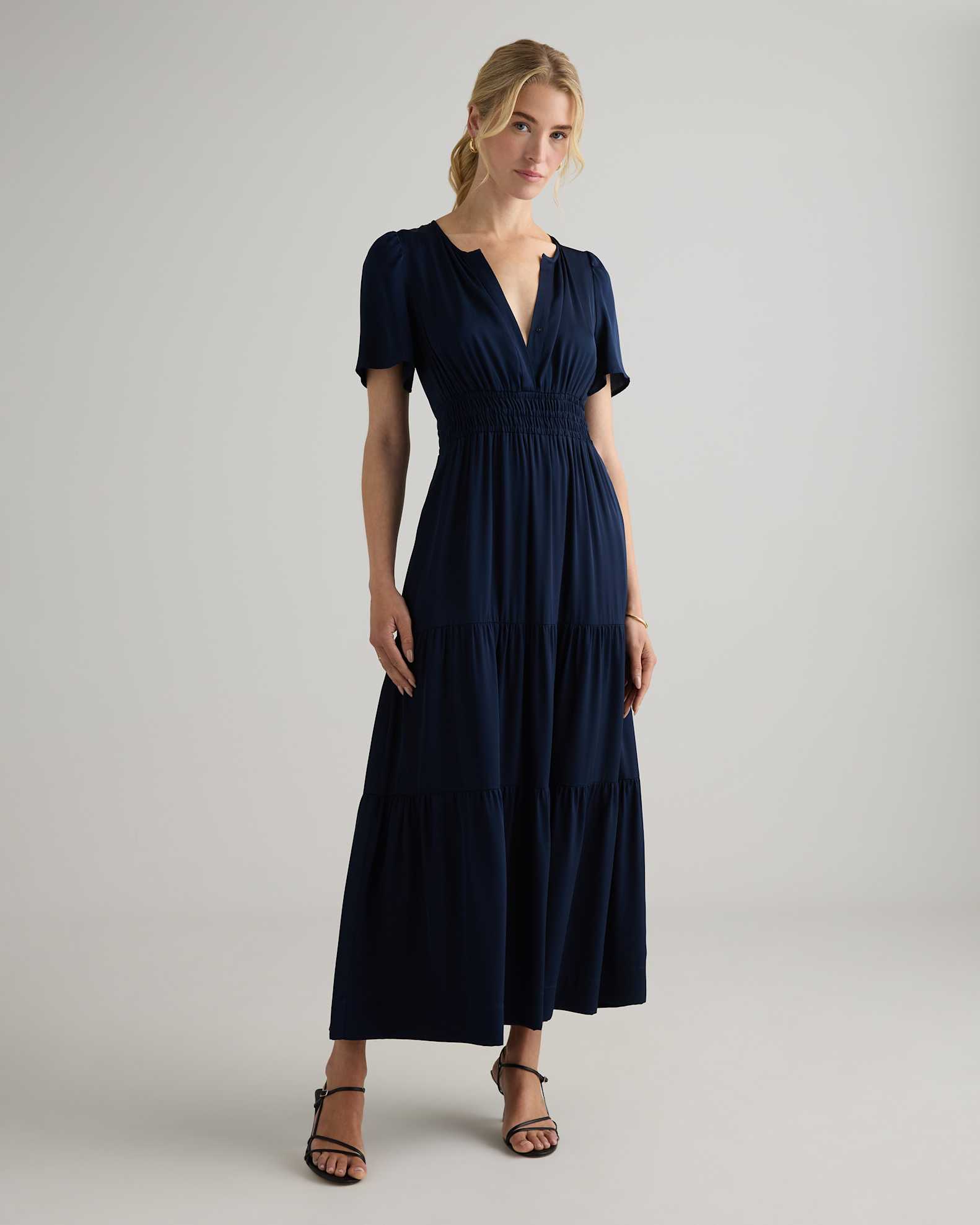 Washable Stretch Silk Tiered Maxi Dress in Navy Washable Stretch Silk Tiered Maxi Dress in Navy