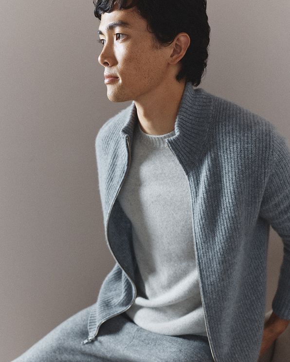 Heather Grey Mongolian Cashmere Fisherman Full Zip Sweater