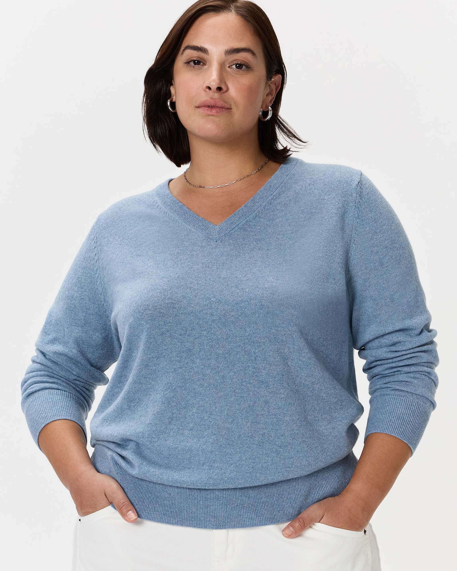 Faded Denim Mongolian Cashmere V-Neck Sweater