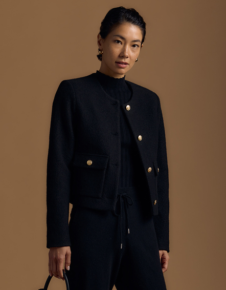 Black 100% Merino Wool Collarless Cropped Jacket