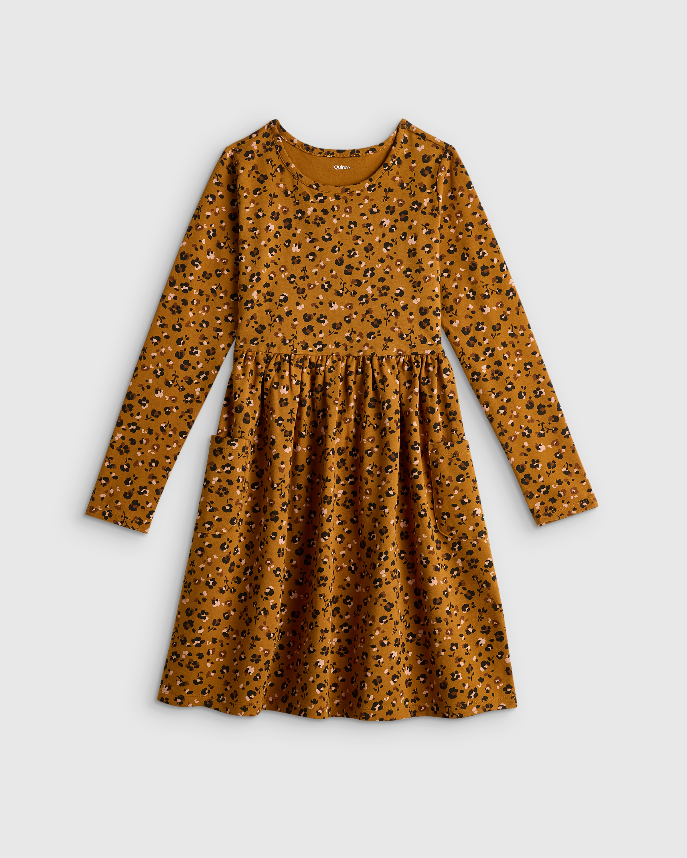 Caramel Confetti Floral Organic Cotton Long Sleeve Fit and Flare Pocket Dress 