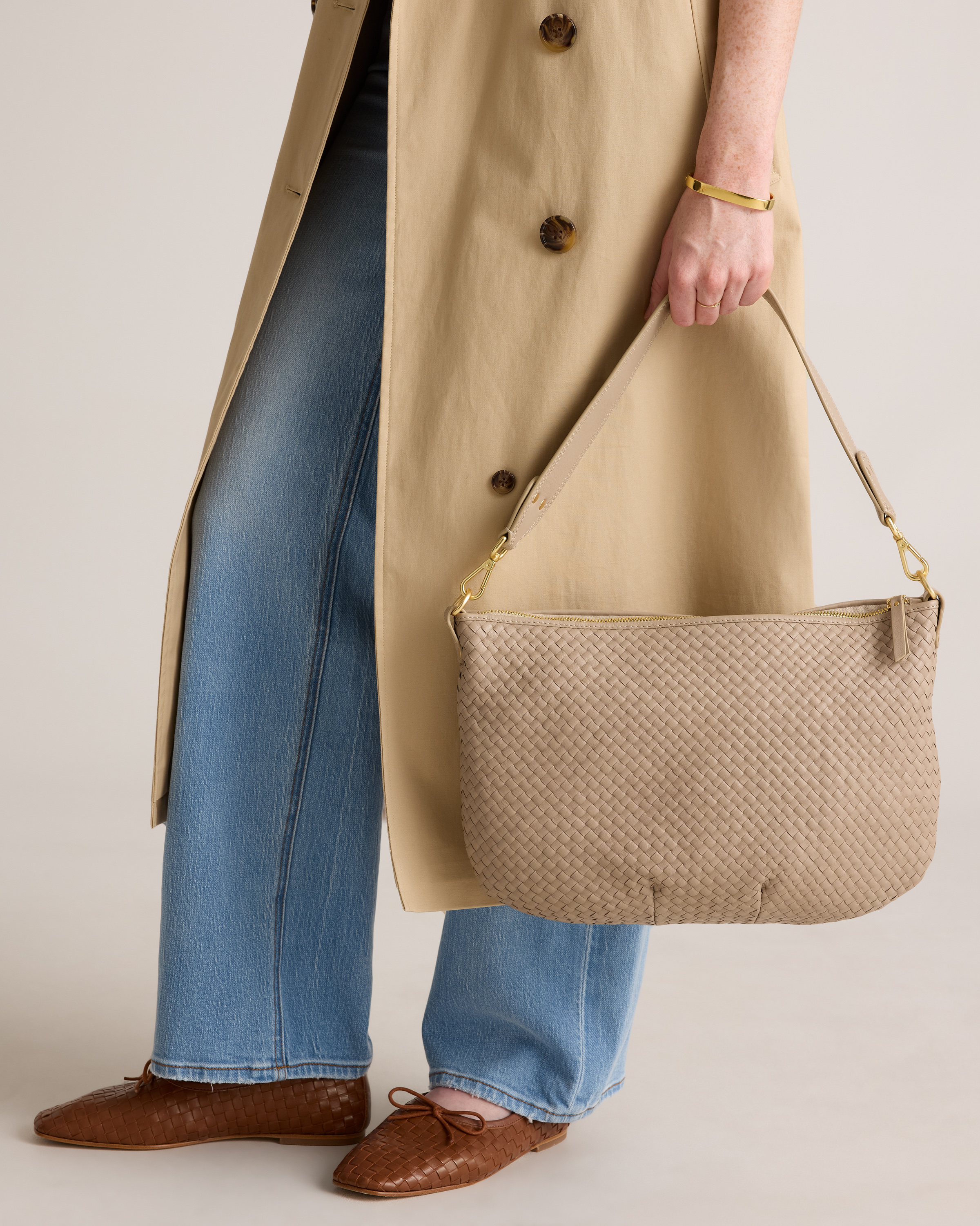Italian Leather Convertible Crescent Handwoven Shoulder Bag in Taupe
