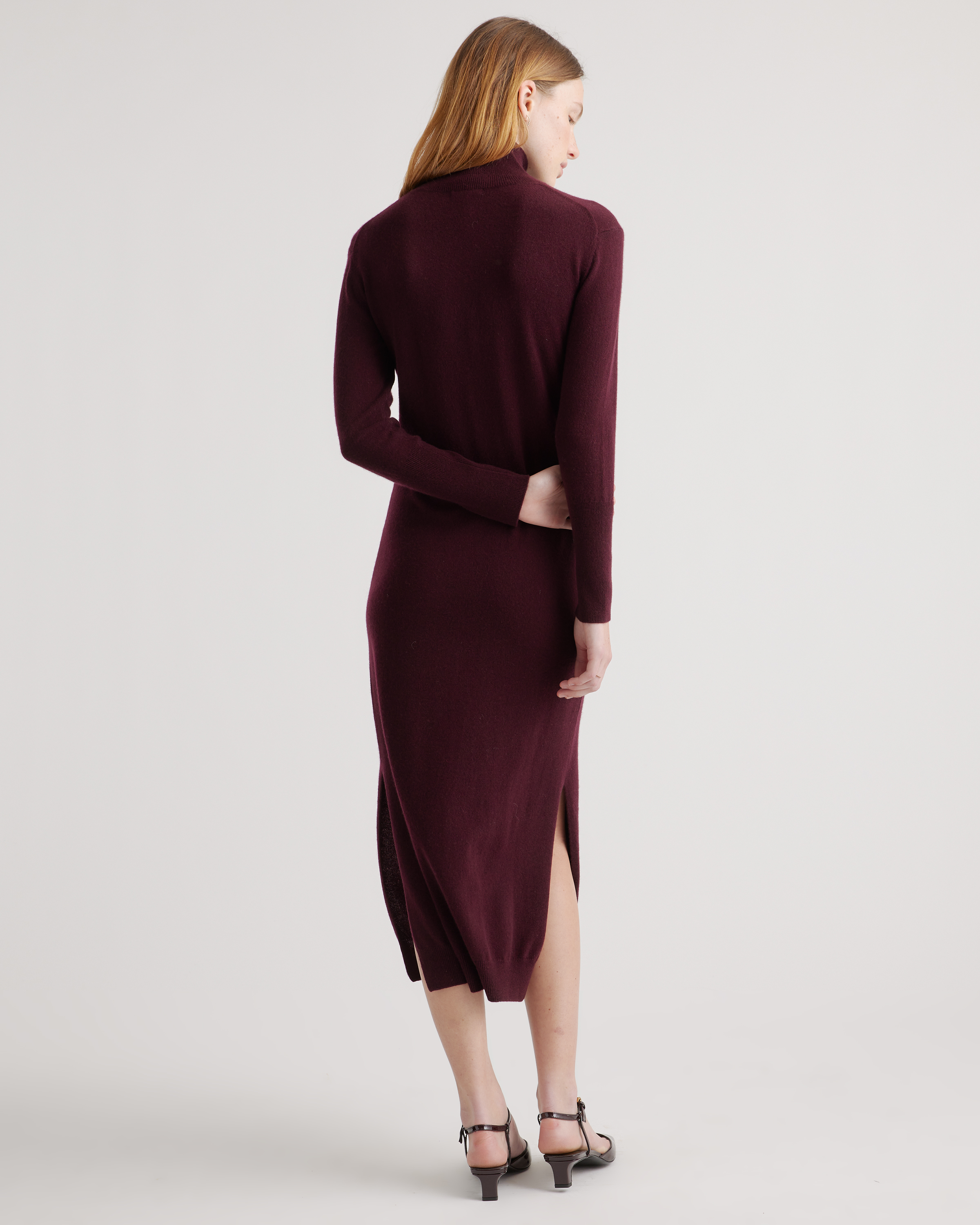 Mongolian Cashmere Turtleneck Midi Sweater Dress in Burgundy