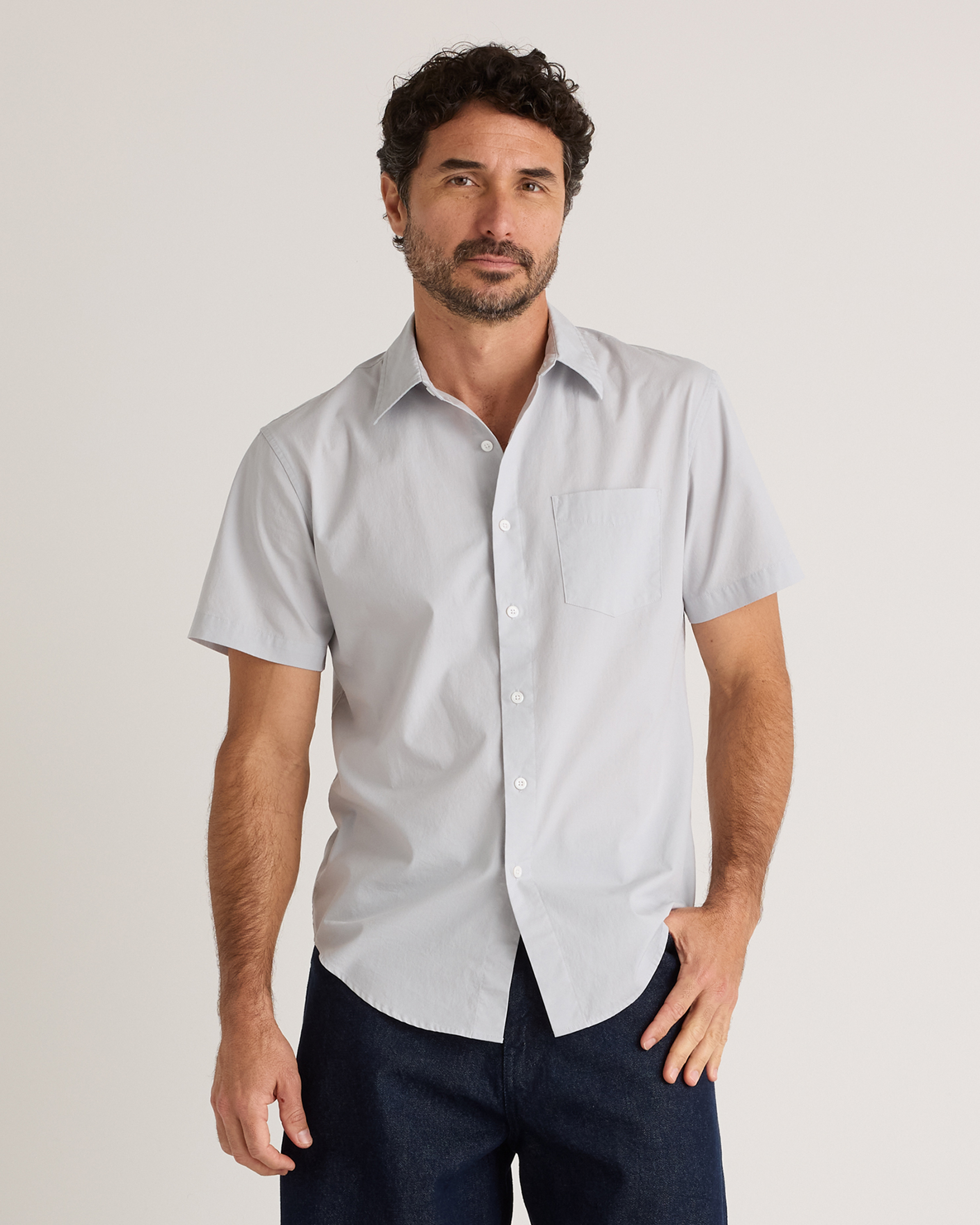 Light Grey Organic Cotton Stretch Poplin Short Sleeve Shirt