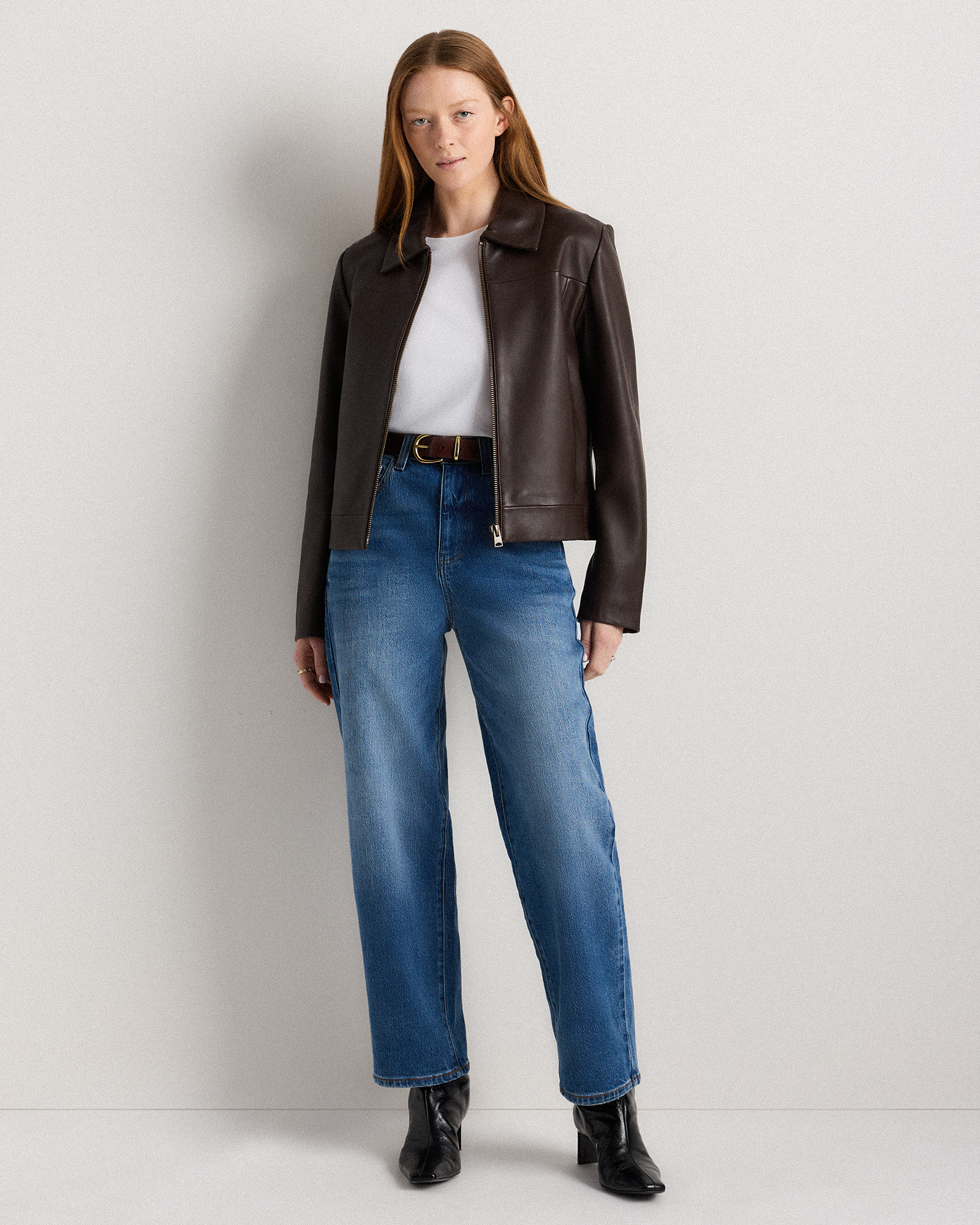 100% Leather Cropped Zip-Front Jacket in Rich Brown