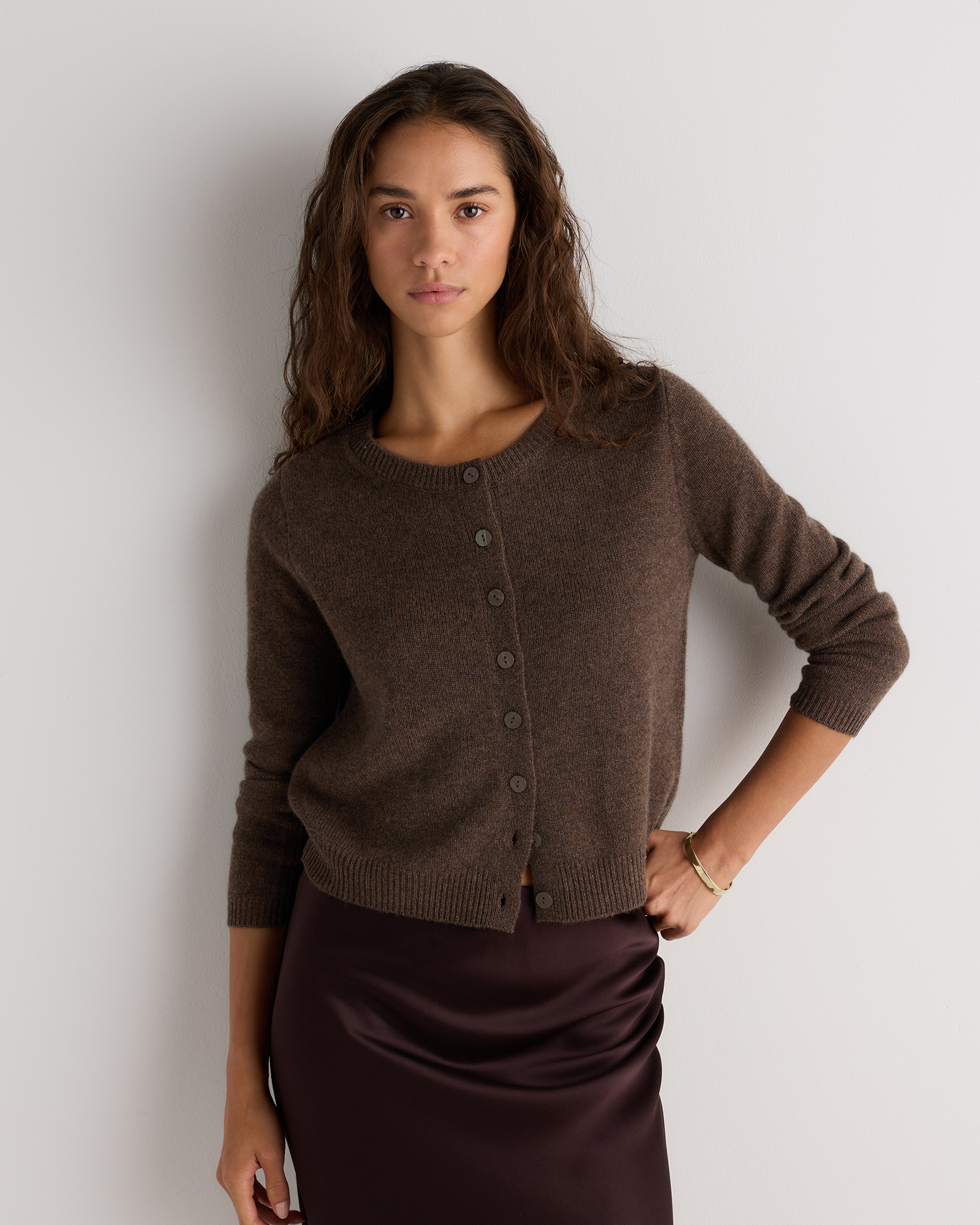 Brown Mongolian Cashmere Cropped Crew Cardigan