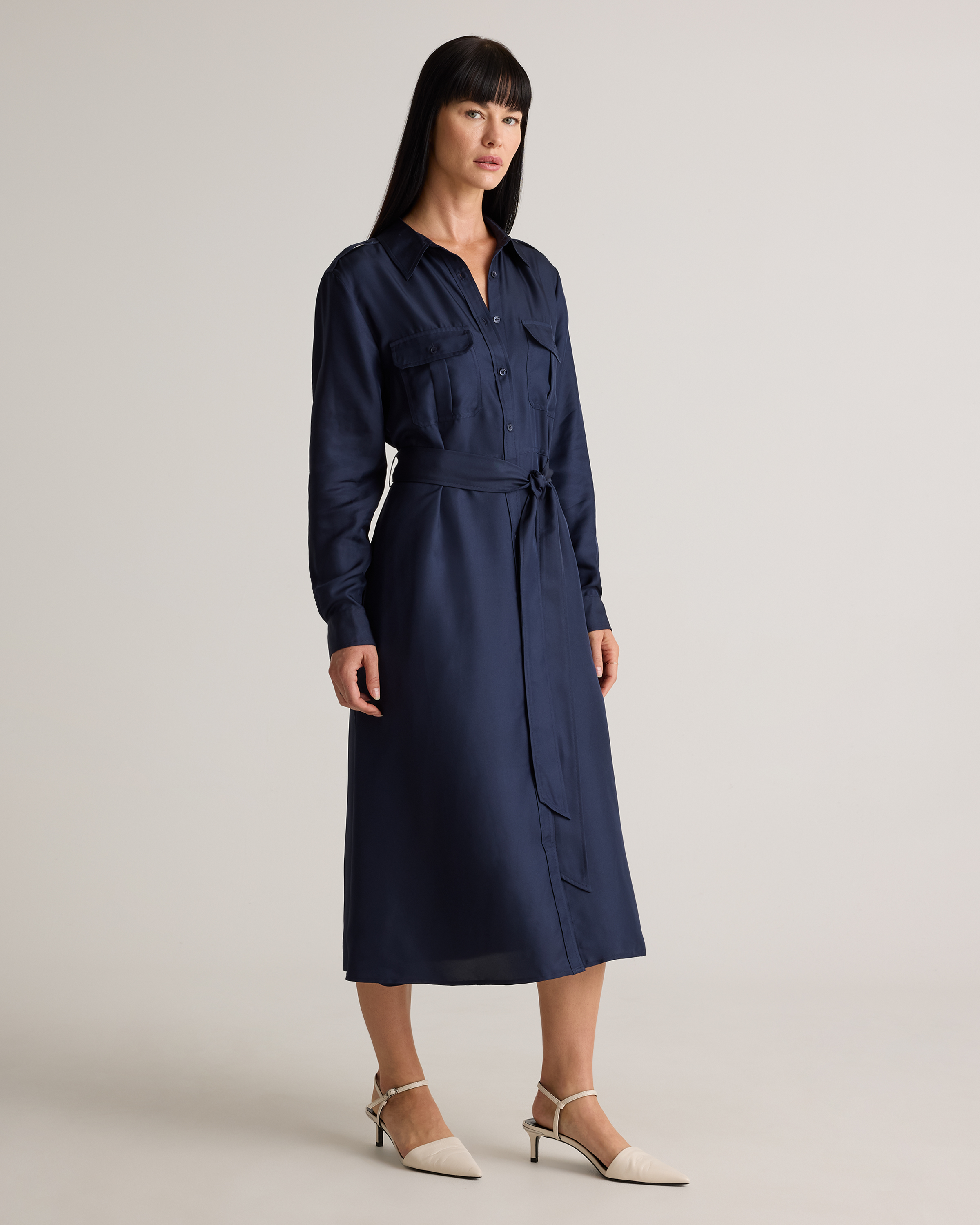 100% Silk Twill Utility Shirt Dress in Deep Navy