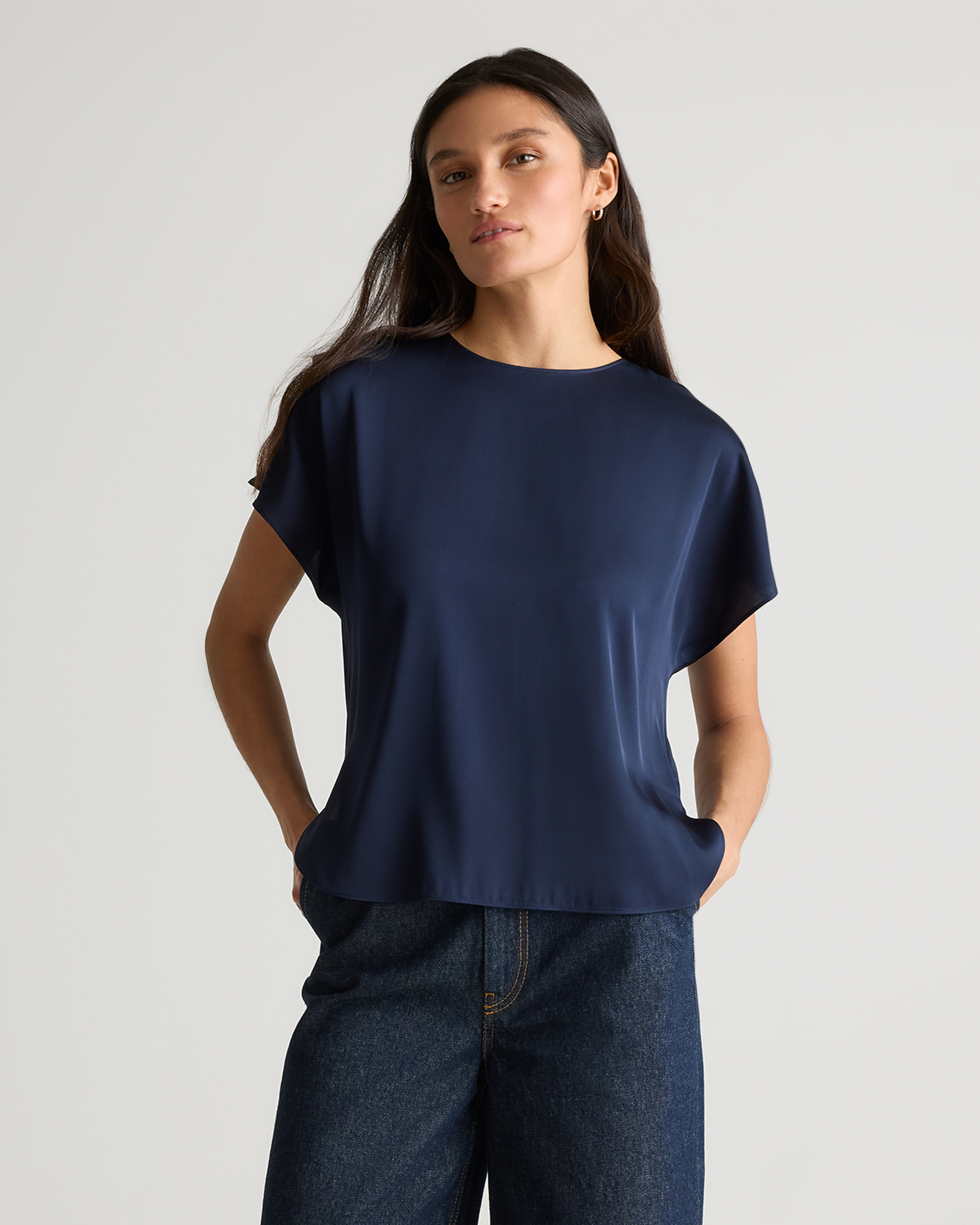 Quince Women's Washable Stretch Silk Split Hem T-shirt In Navy