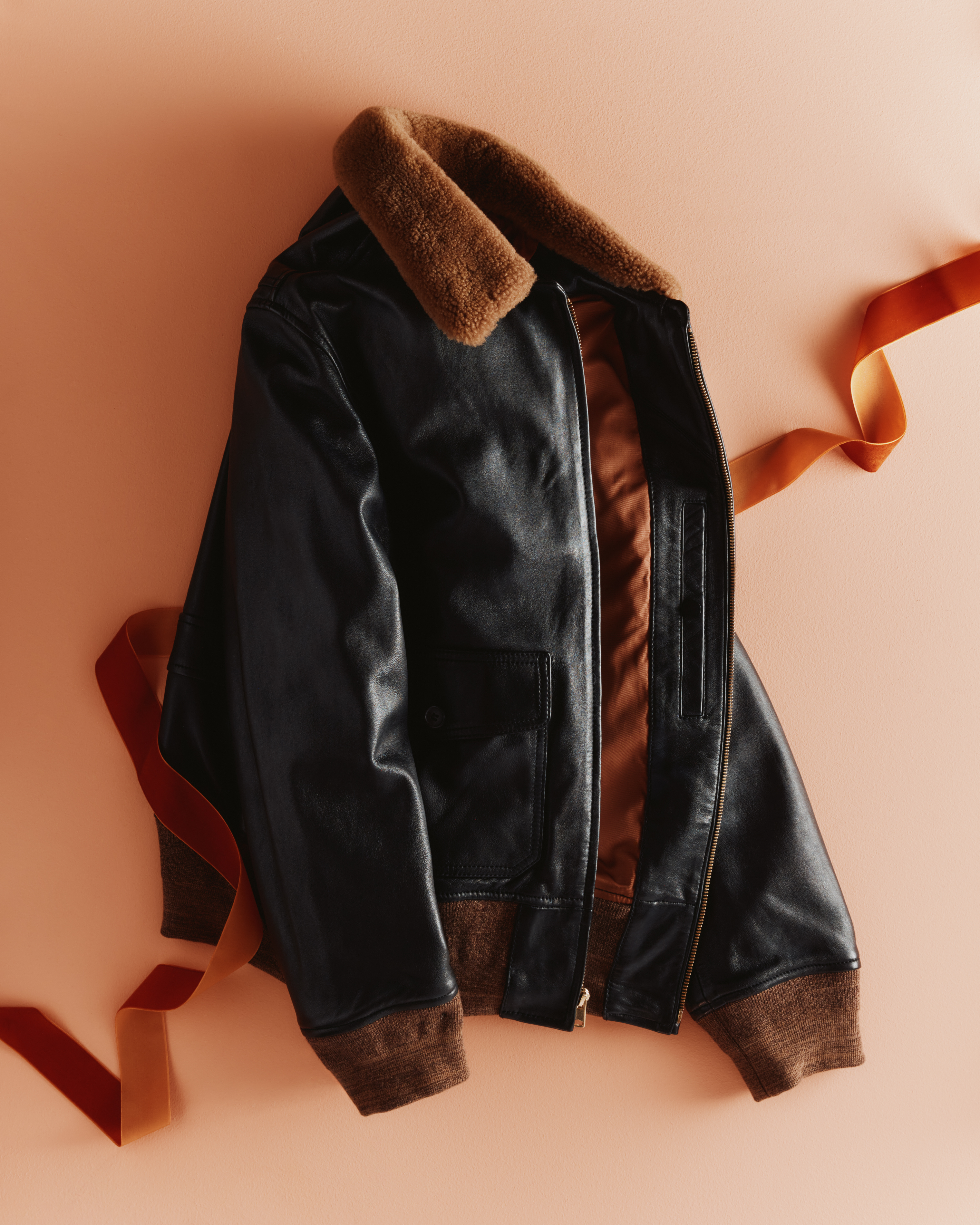 Shearling Collar Leather Flight Jacket in True Black