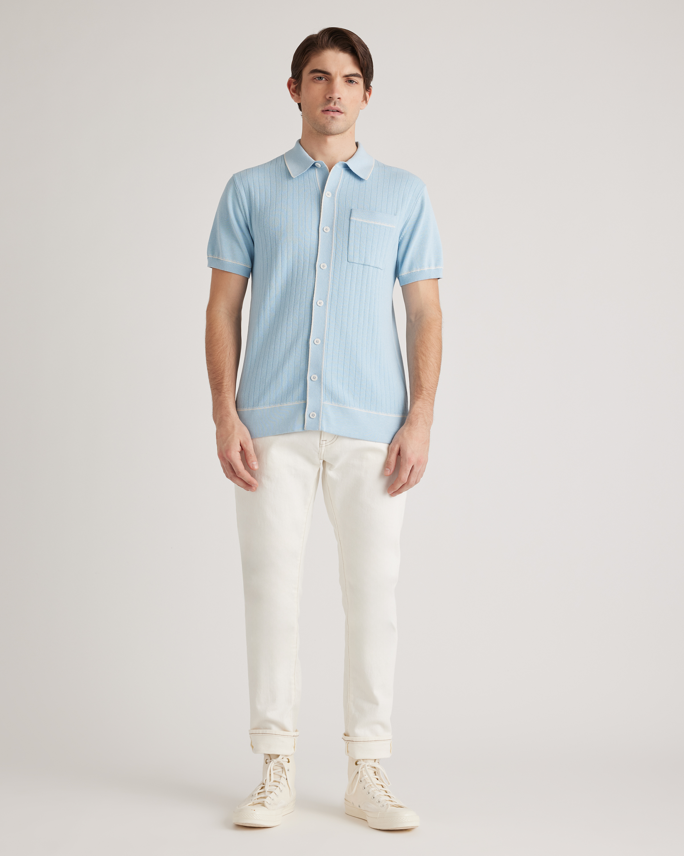 Organic Cotton-Silk Tipped Button Down Polo Sweater
