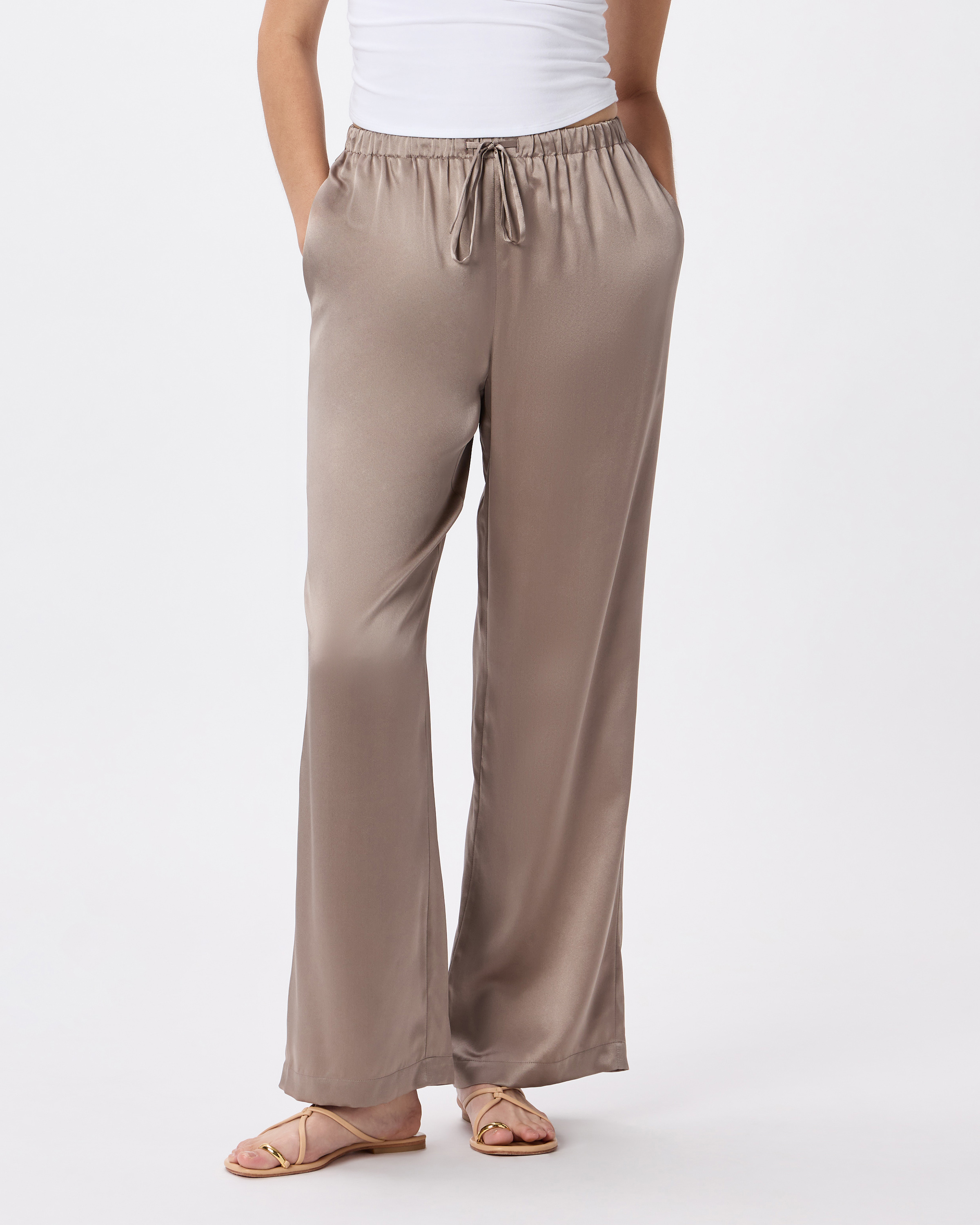 Morel Grey 100% Washable Silk Drawstring Wide Leg Pants