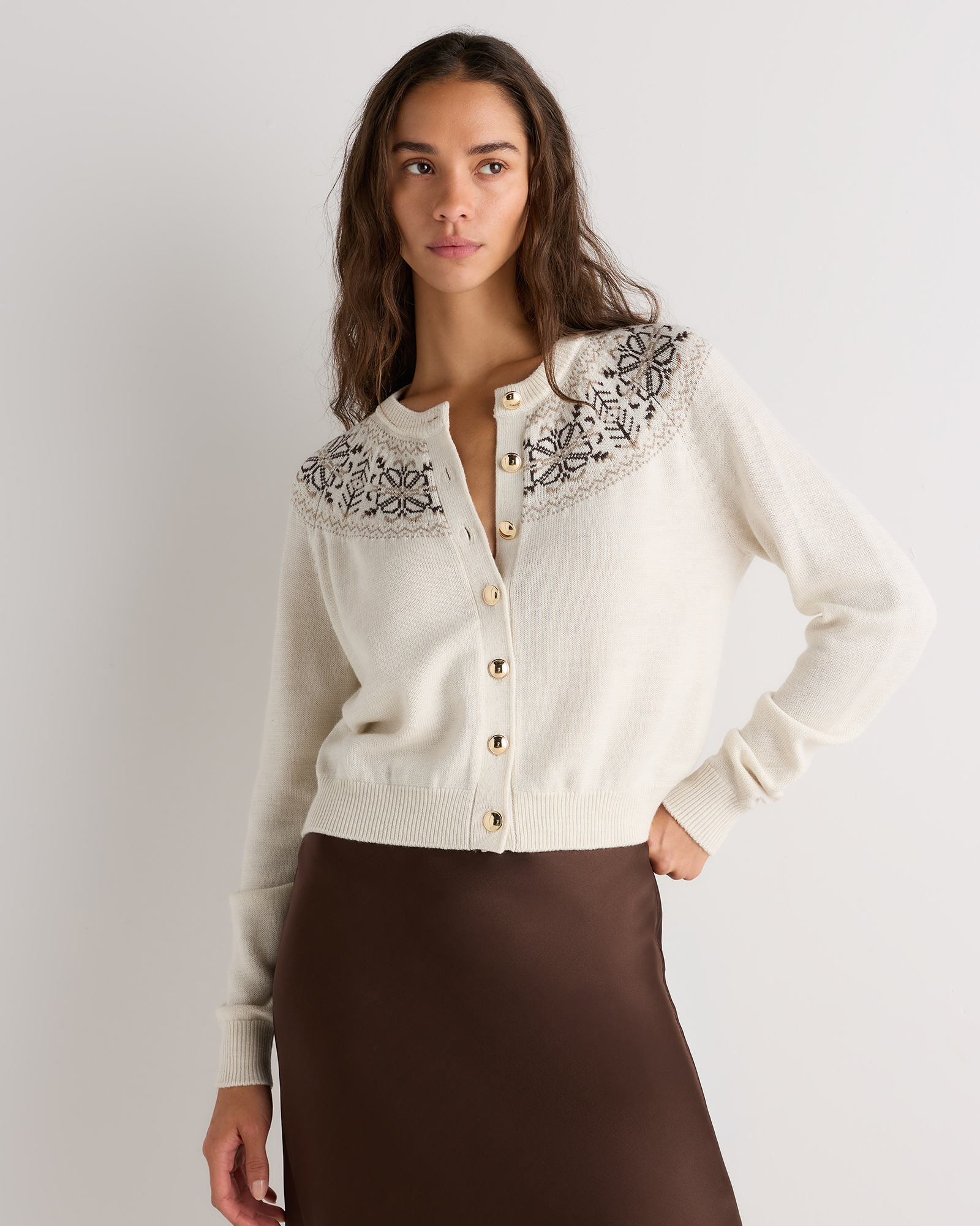 Heather Bone Multi Australian Merino Wool Fair Isle Crewneck Cardigan