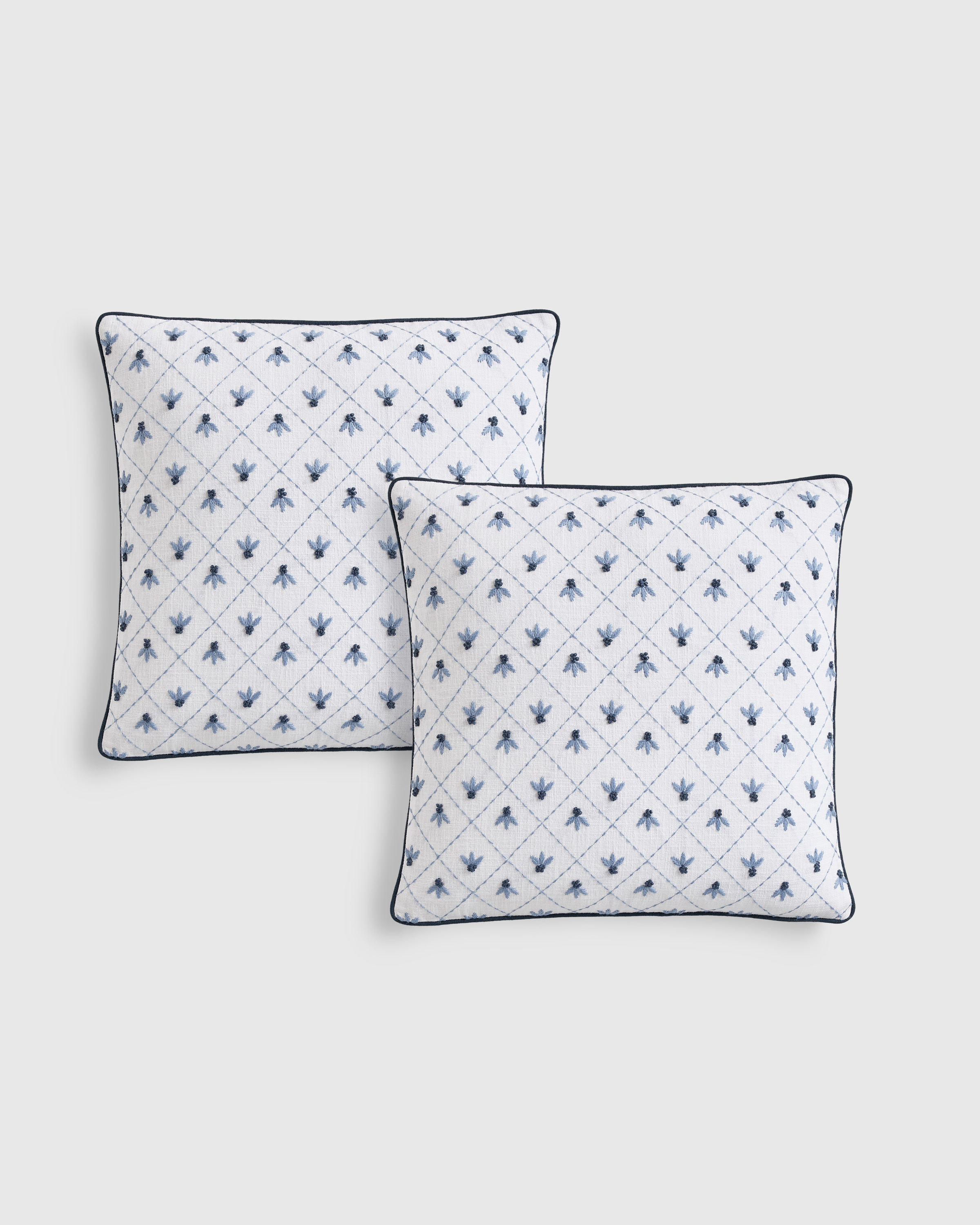 French Blue Embroidered Floral Cotton Pillow Cover (Set of 2)