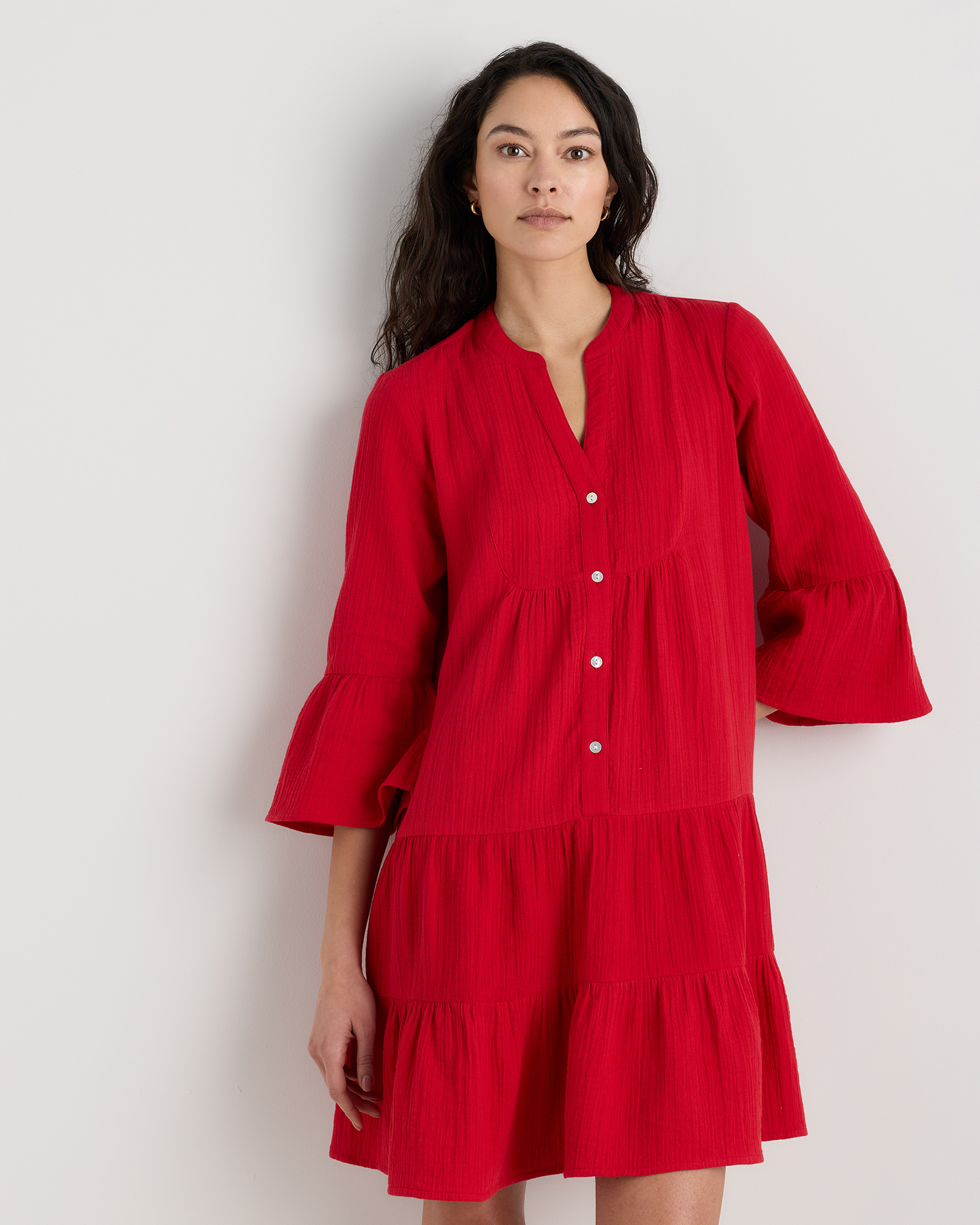 Wild Cherry 100% Organic Cotton Gauze Long Sleeve Tiered Mini Dress