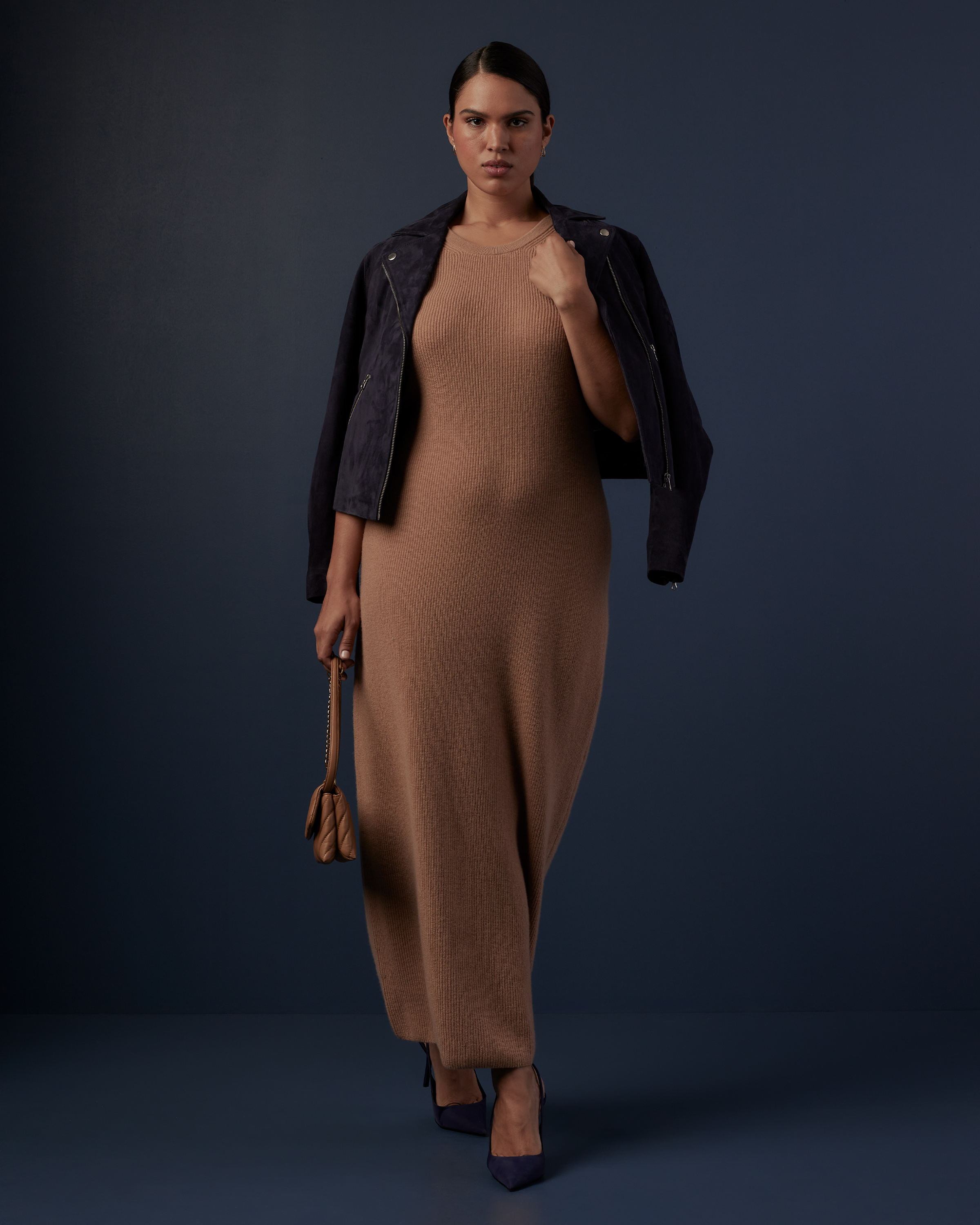 Lightweight Mongolian Cashmere Sleeveless Midi Sweater Dress in Camel