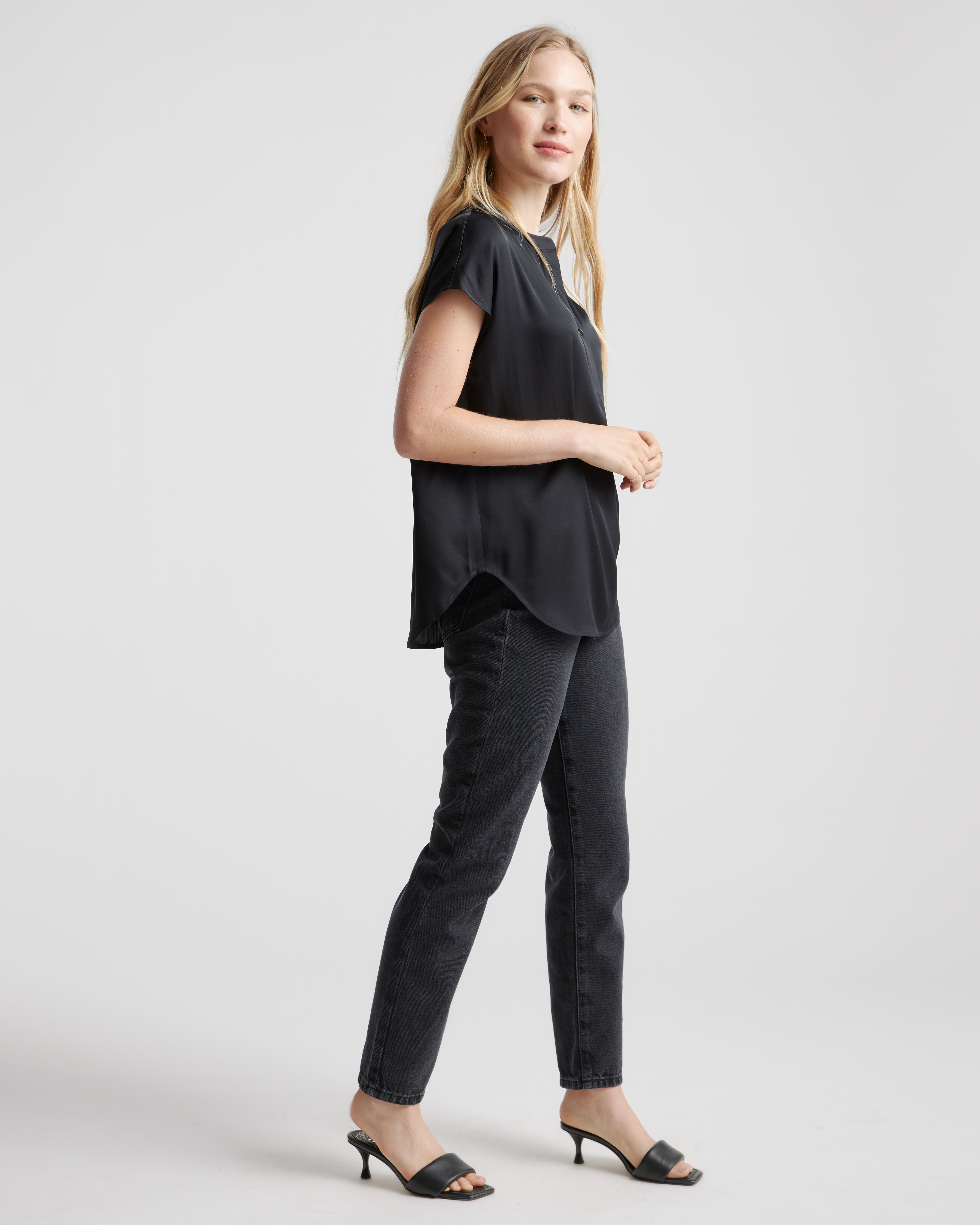 Women's Washable Stretch Silk Dolman Sleeve Blouse in Black