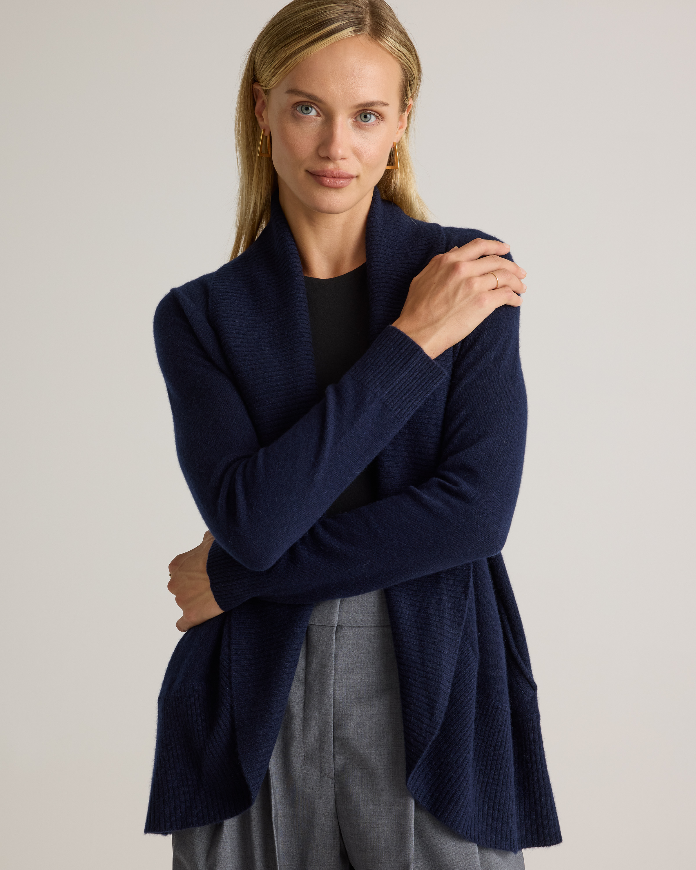 Mongolian Cashmere Open Cardigan Sweater in True Navy