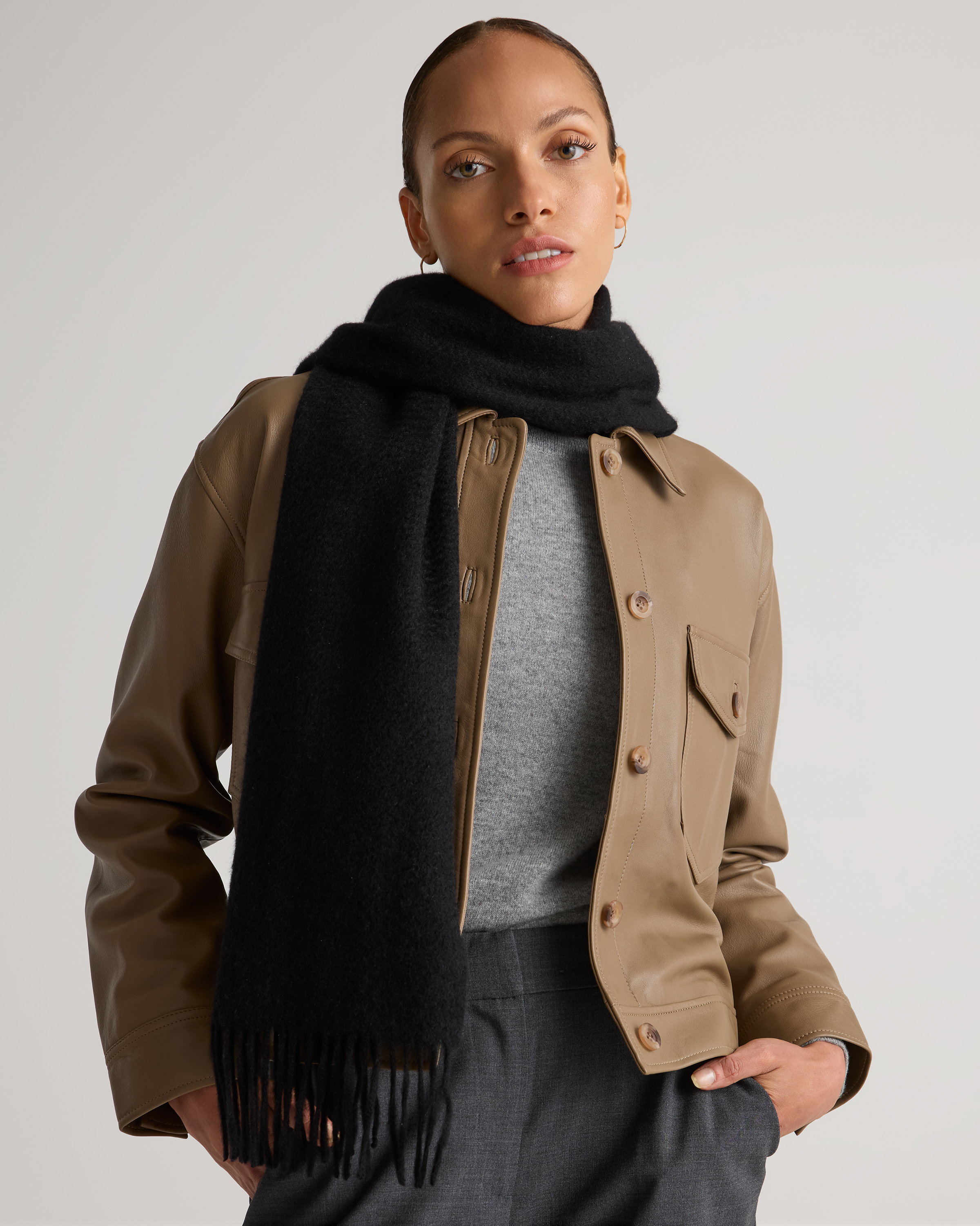 Black Mongolian Cashmere Woven Fringe Scarf