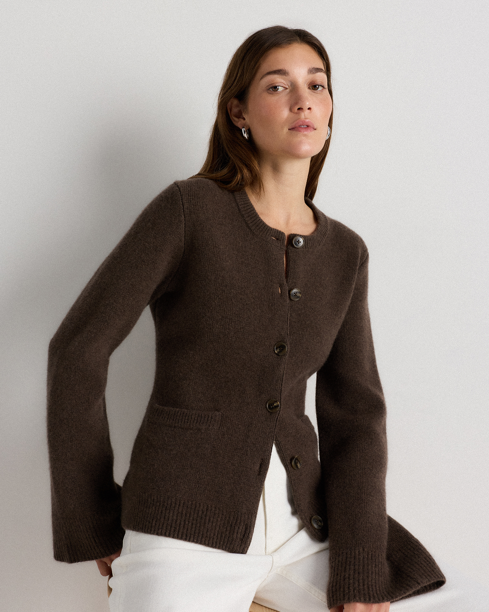 Mongolian Cashmere Structured Cardigan in Heather Truffle Brown