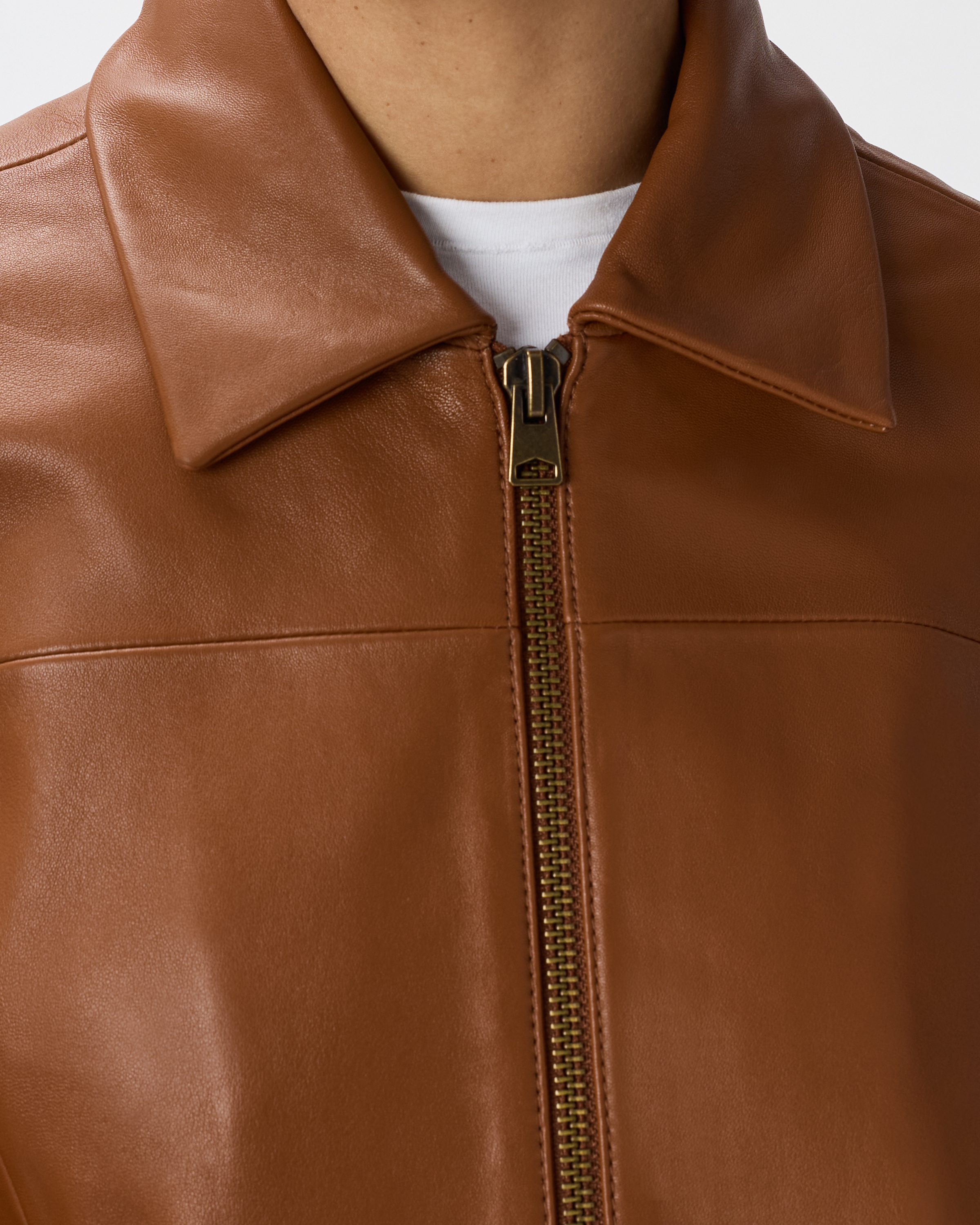 100% Leather Cropped Zip-Front Jacket in Dark Cognac Brown