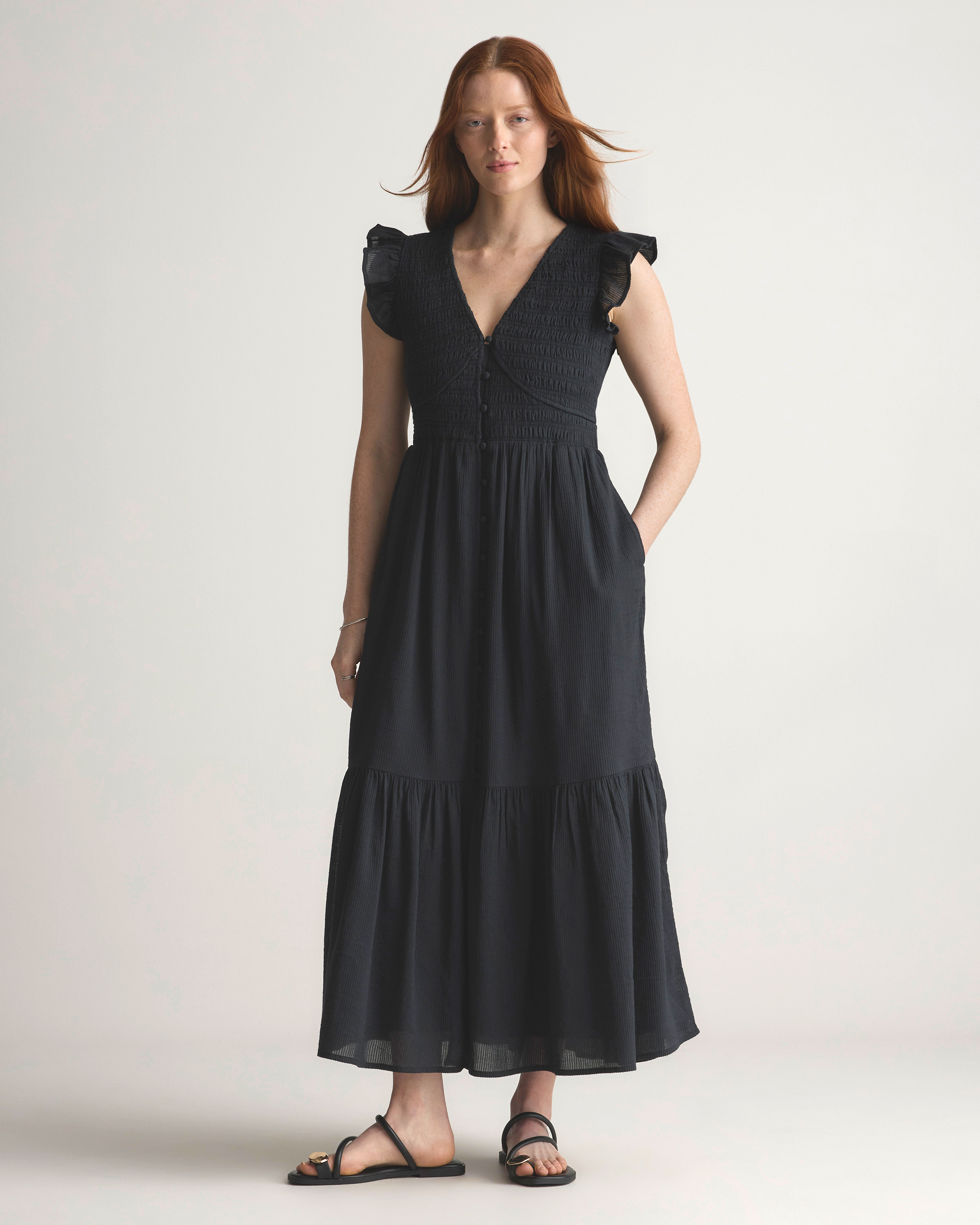 True Black Organic Textured Cotton Smocked V-Neck Midi Dress