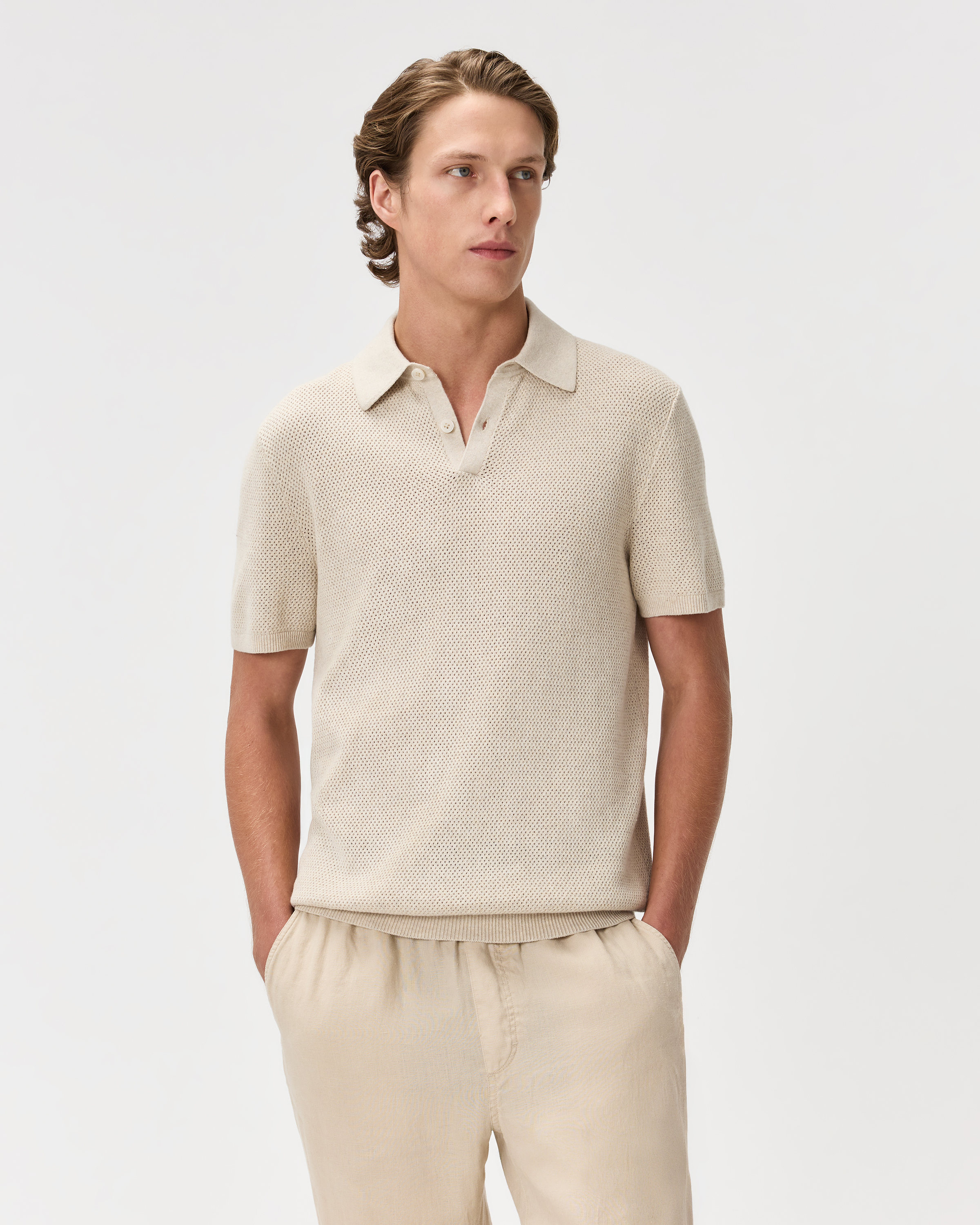 Speckled Beige 100% Organic Cotton Mesh-Stitch Sweater Polo